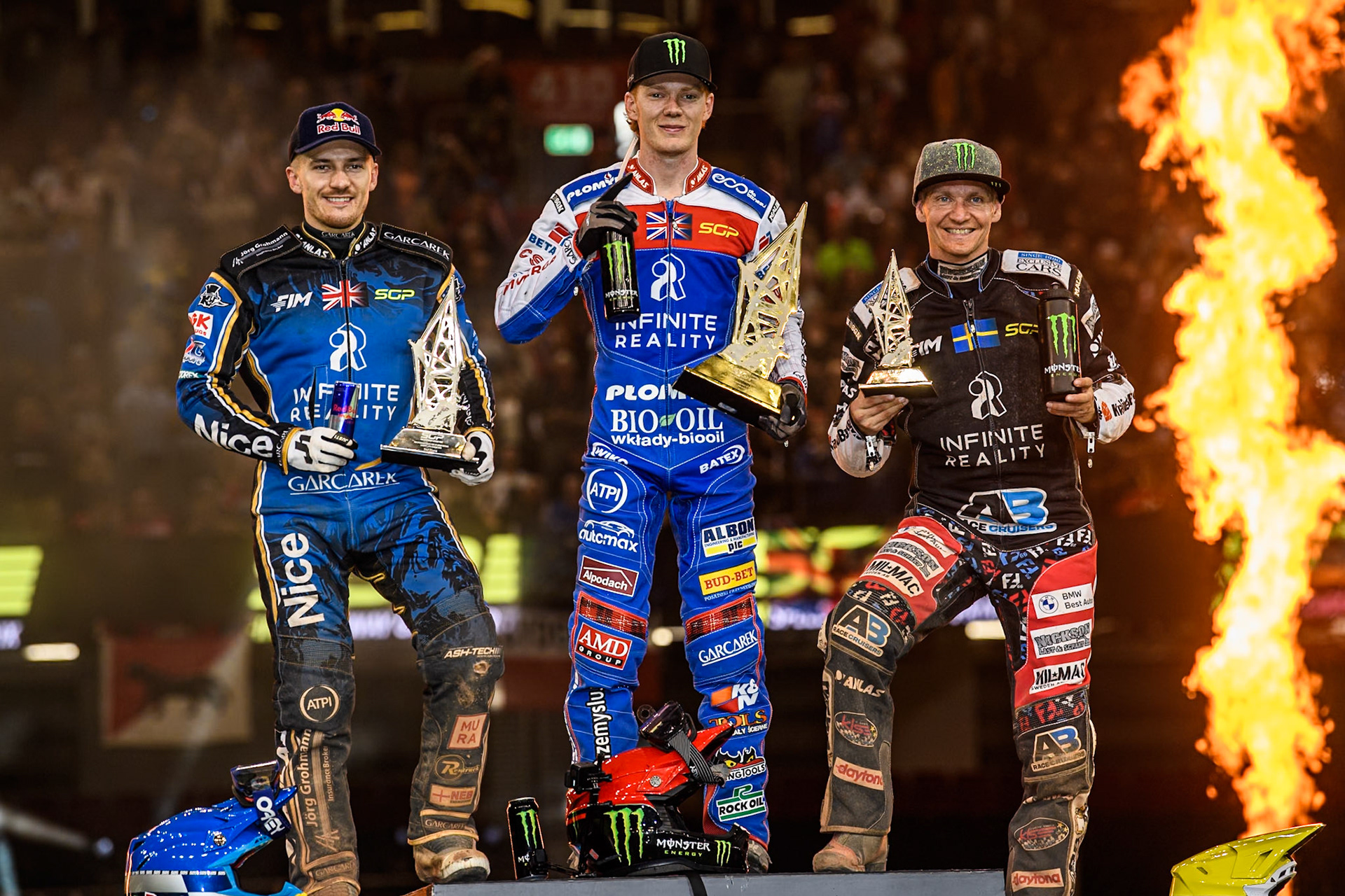 Top 3: (L to R) Robert Lambert (505) of Great Britain (2nd), Daniel Bewley (99) of Great Britain (Winner) Fredrik Lindgren (66) of Sweden (3rd) during the FIM Speedway Grand Prix of Great Britain at The Principality Stadium, Cardiff on Saturday 17th August 2024. (Photo: Ian Charles | MI News)