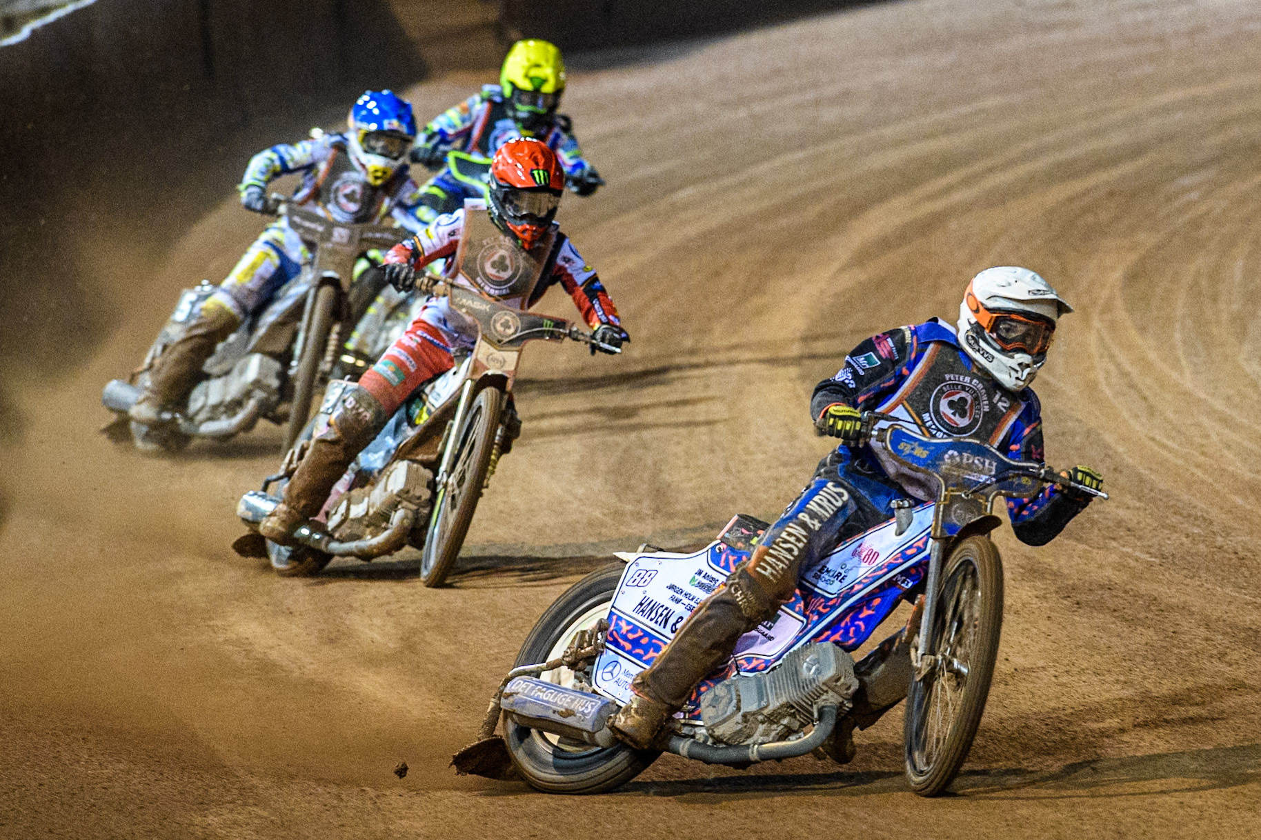 Niels-Kristian Iversen in White leading Jaimon Lidsey in Red,  Maciej Janowski in Blue and Chris Holder in Yellow during the Peter Craven Memorial Trophy at the National Speedway Stadium, Manchester on Monday 17th March 2025. (Photo: Ian Charles | MI News)