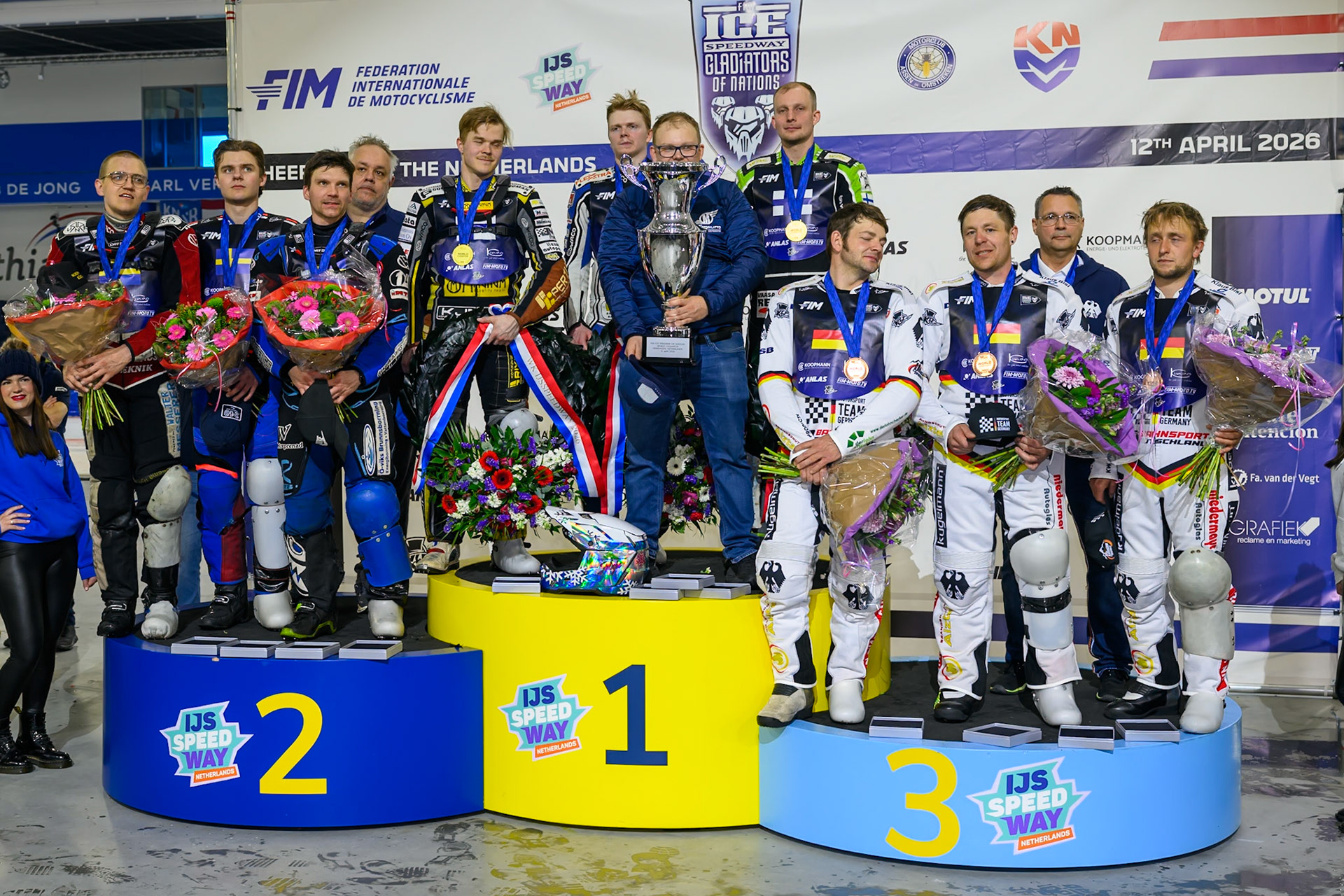 The Top 3:(L to R) Sweden (2nd - Silver), Finland (Winners - World Champions), Germany (3rd Bronze) during the FIM Ice Speedway Of Nations at Ice Rink Thialf, Heerenveen on Sunday 12th April 2026. (Photo: Ian Charles | MI News)
