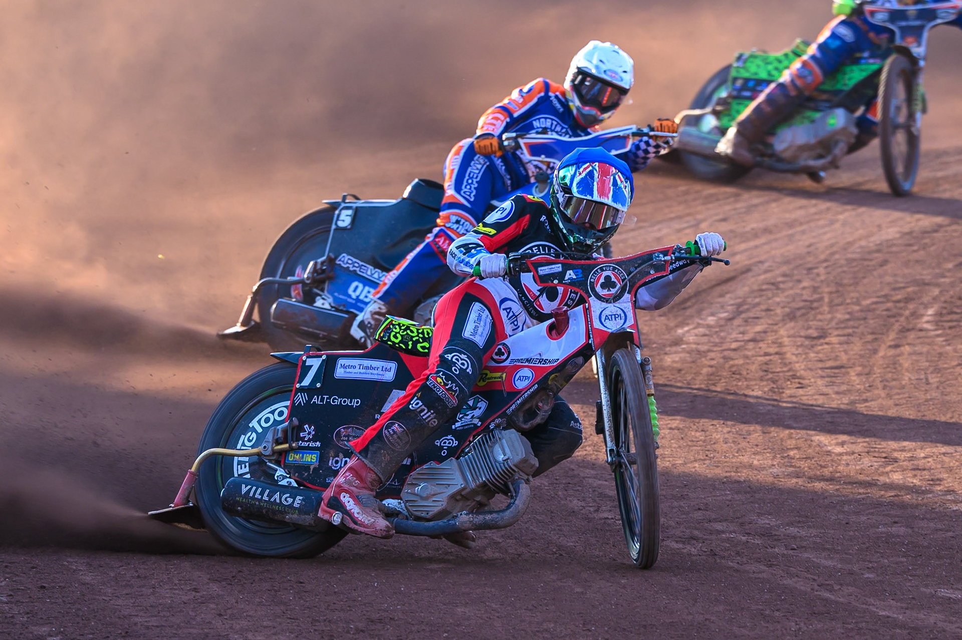 William Cairns of Belle Vue Aces in Blue leading Nicolai Klindt of Northampton Foxes in White during the Rowe Motor Oil Premiership match between Belle Vue Aces and Northampton Foxes at the National Speedway Stadium, Manchester on Monday 13th July 2026. (Photo: Ian Charles | MI News)