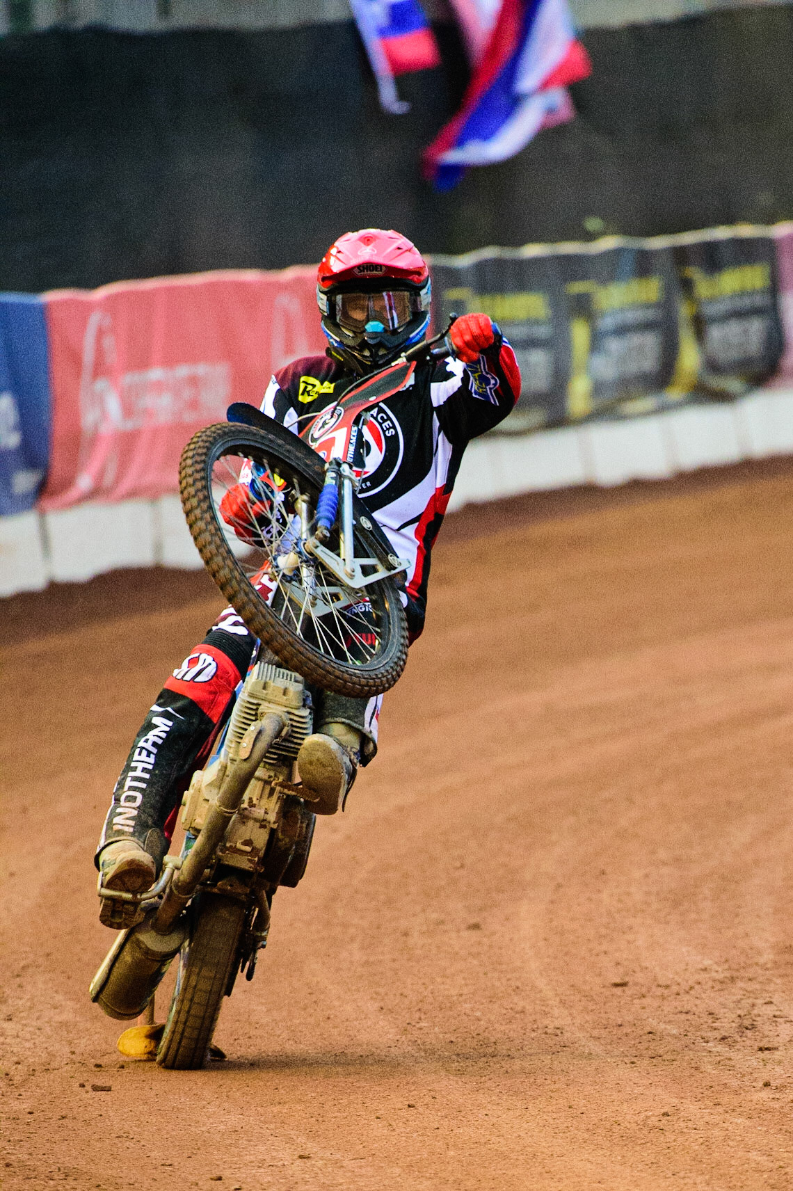 Matej Zagar wheelies during the SGB Premiership match between Belle Vue Aces and Peterborough at the National Speedway Stadium, Manchester on Monday 25th July 2022. (Credit: Ian Charles | MI News