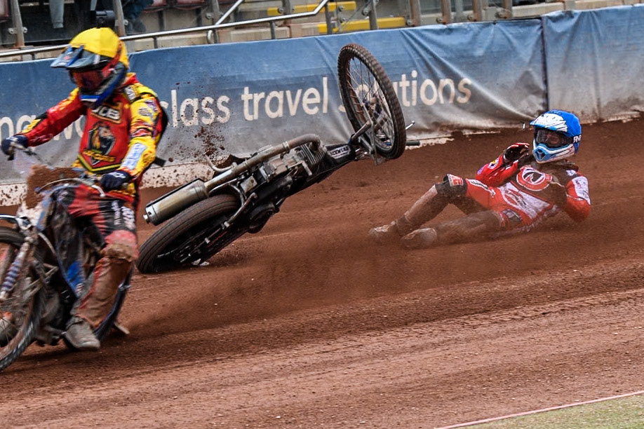Belle Vue Colts' Billy Budd rears at the start between Leicester Lion Cubs' Guest Rider Darryl Ritchings in White and Leicester Lion Cubs' Sonny Springer in Yellow during the WSRA National Development League match between Belle Vue Colts and Leicester Lion Cubs at the National Speedway Stadium, Manchester on Friday 18th April 2025. (Photo: Ian Charles | MI News)