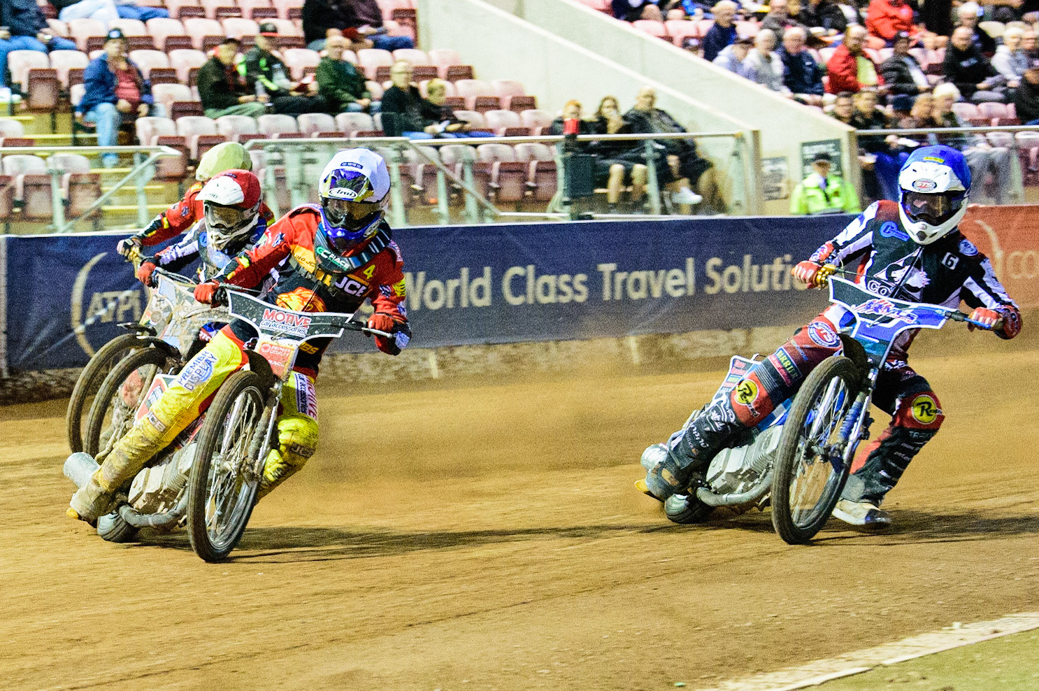 Tom Spencer  (White) leads Archie Freeman  (Blue), Tom Spencer  (Red) and Mickie Simpson  (Yellow) during the National Development League match between Belle Vue Aces and Leicester Lions at the National Speedway Stadium, Manchester on Friday 19th August 2022. (Credit: Ian Charles | MI News)
