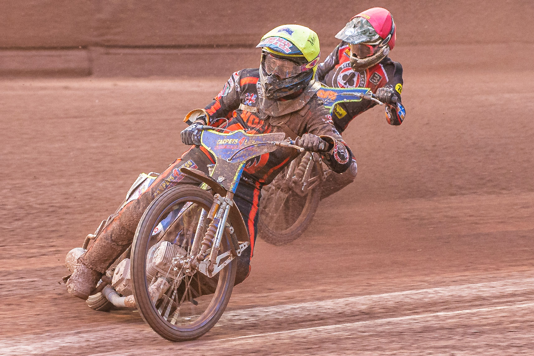 Photo by Ian Charles:

Nick Morris  (Yellow) leads Dan Bewley  (Red)

Belle Vue Aces v Wolverhampton Wolves, SGB Premiership, National Speedway Stadium, Manchester, Monday, 19, August, 2019