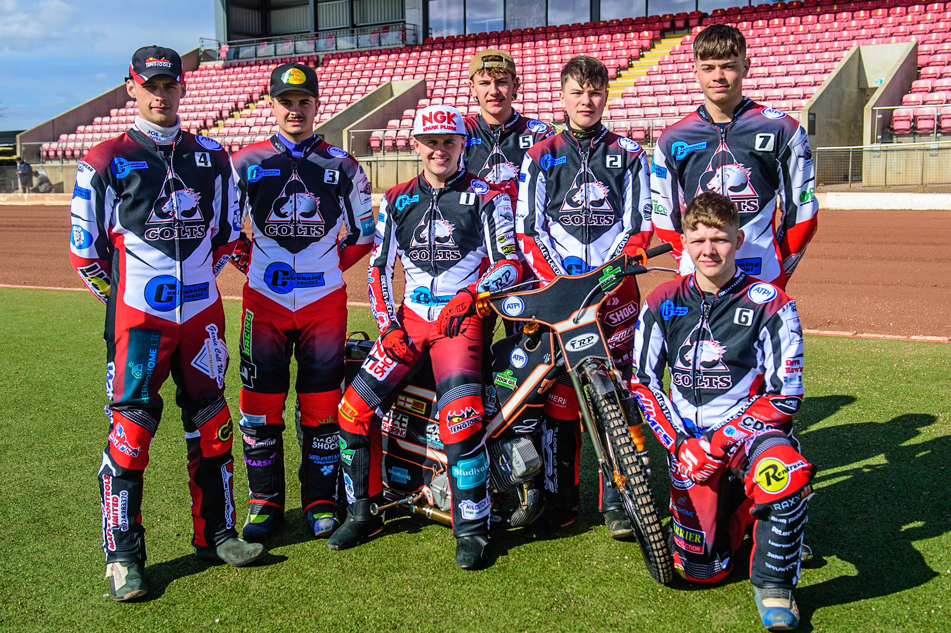 MANCHESTER, UK. MAR 14TH Belle Vue 'Cool Running' Colts (l-r): Jack Parkinson-Blackburn, Nathan Ablitt, Jack Smith, Harry McGurk, Sam McGurk, Freddie Hodder (Kneeling): Archie Freeman during the Belle Vue Speedway Media Day at the National Speedway Stadium, Manchester on Monday 14th March 2022. (Credit: Ian Charles | MI News)