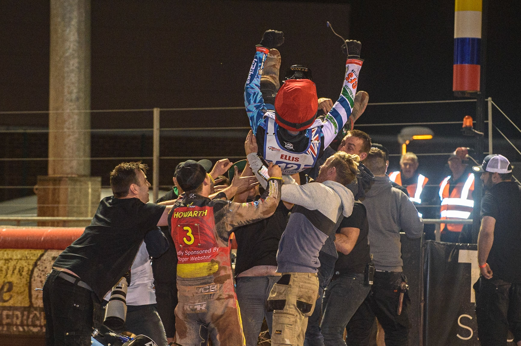 MANCHESTER, UK. AUGUST 16TH   Adam Ellis  gets the winners bumps  during the Sports Insure British Speedway Finals at the National Speedway Stadium, Manchester on Monday 16th August 2021. (Credit: Ian Charles | MI News)