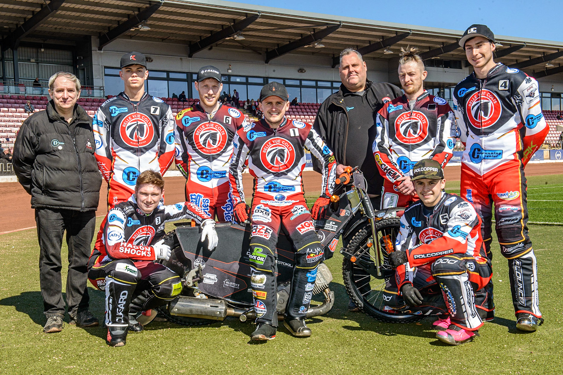 Belle Vue ‘Cool Running’ Colts :Rear: (l - r) Graham Goodwin (Co-Manager) Freddy Hodder , Paul Bowen, Jack Smith, Steve Williams  (C0=Manager) Luke Muff, Matt Marson, Kneeling: Sam Hagon , James Pearson  during the National Development League match between Belle Vue Colts and Berwick Bullets at the National Speedway Stadium, Manchester on Friday 7th April 2023. (Photo: Ian Charles | MI News)