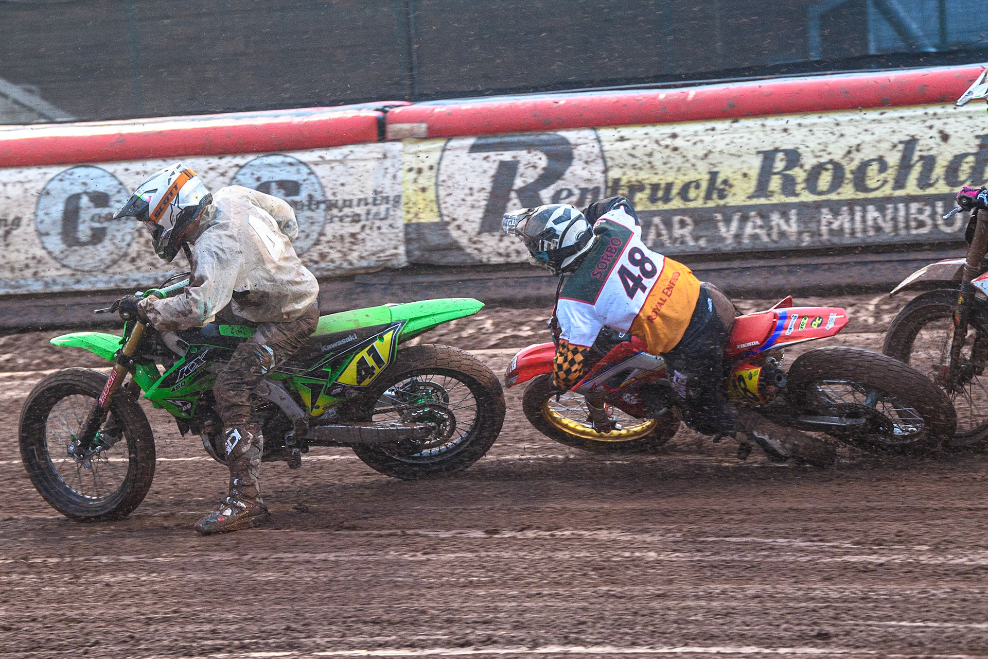 Nico Sorbo (48) from Italy slides off during the FIM World Flat Track Championship Round 1 at the National Speedway Stadium, Manchester on Saturday 5th August 2023. (Photo: Ian Charles | MI News)