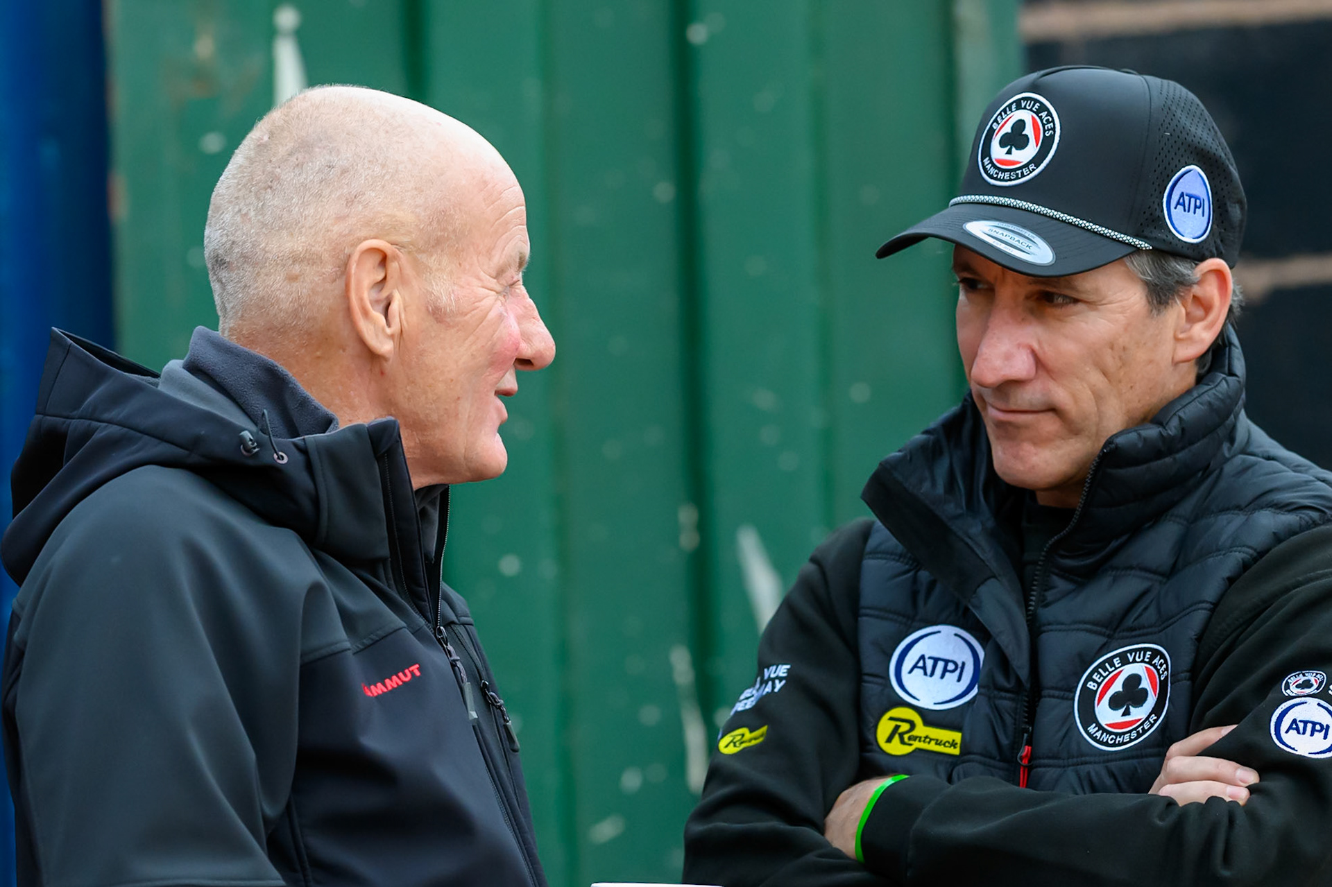 Mark Lemon, Team Manager of Belle Vue Aces  (Right) chats with Speedway Control Bureau Manager Jim Lawrence during the Rowe Motor Oil Premiership match between Leicester Lions and Belle Vue Aces at the Hydroscan Arena, Leicester on Monday 7th September 2026. (Photo: Ian Charles | MI News)