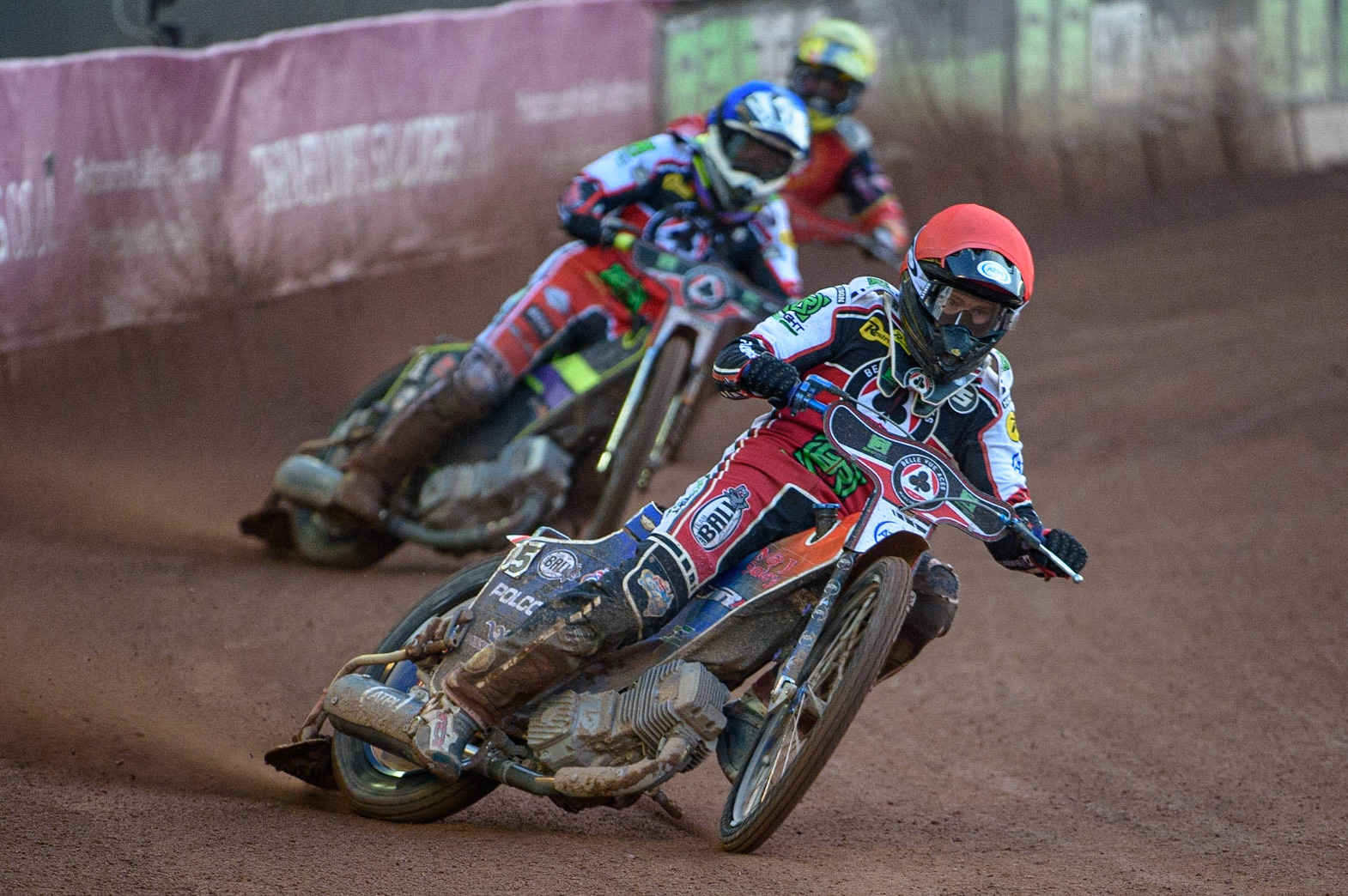 MANCHESTER, UK. AUG 9TH  Brady Kurtz  (Red) leads Tom Brennan  (Blue)  and Scott Nicholls  (Yellow) during the SGB Premiership match between Belle Vue Aces and Peterborough at the National Speedway Stadium, Manchester on Monday 9th August 2021. (Credit: Ian Charles | MI News)