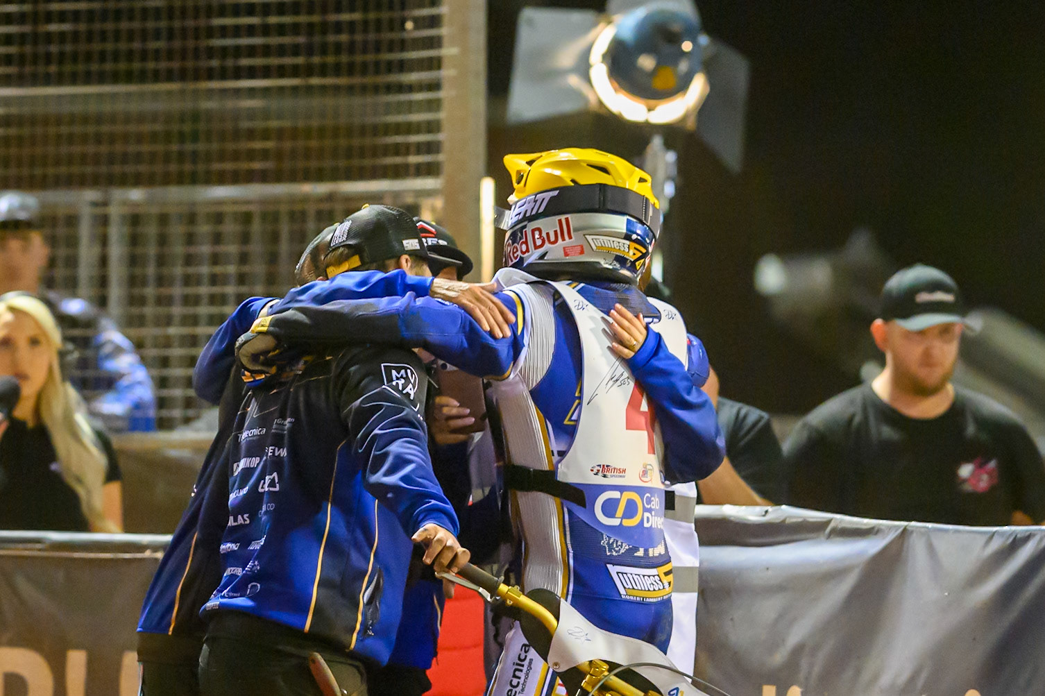 Robert Lambert (4) celebrates with his team after retaining his British Championship during the Cab Direct British Speedway Championship Final at the National Speedway Stadium, Manchester on Saturday 15th August 2026. (Photo: Ian Charles | MI News)