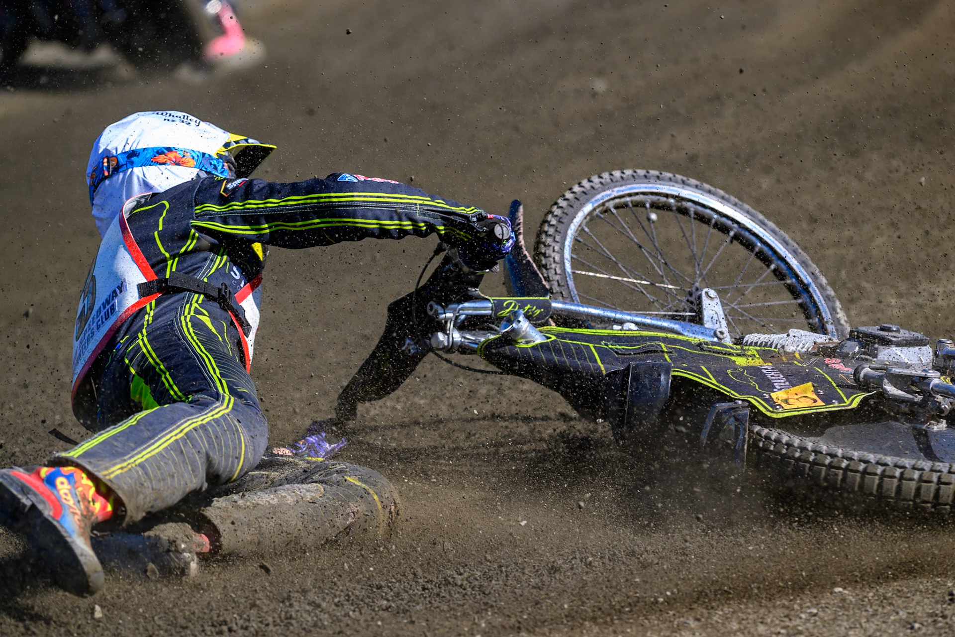 Ben Whalley of Stoke Potters comes to grief during the National Development League Challenge match between Buxton Bulls and Stoke Potters at Hi-Edge Speedway, Buxton on Sunday 24th May 2026. (Photo: Ian Charles | MI News)
