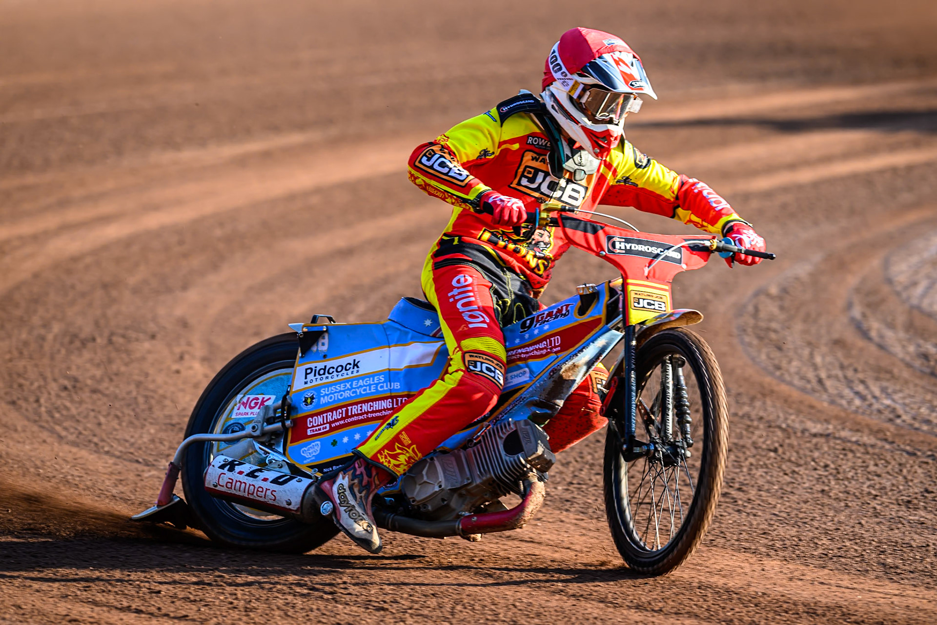 Leicester Lions' Drew Kemp in action during the Rowe Motor Oil Premiership match between Leicester Lions and Belle Vue Aces at the Hydroscand Arena, Leicester on Thursday 19th June 2025. (Photo: Ian Charles | MI News)