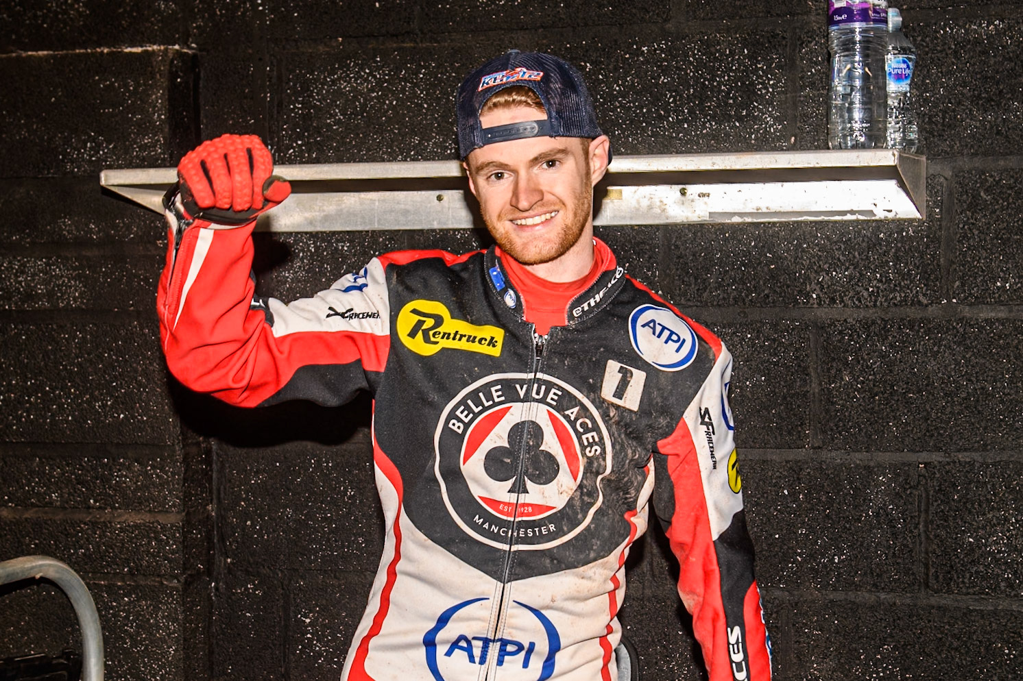 Belle Vue Aces' Brady Kurtz after his title winning ride during the Rowe Motor Oil Premiership Grand Final 2nd Leg between Leicester Lions and Belle Vue Aces at the Pidcock Motorcycles Arena, Leicester on Thursday 26th September 2024. (Photo: Ian Charles | MI News)