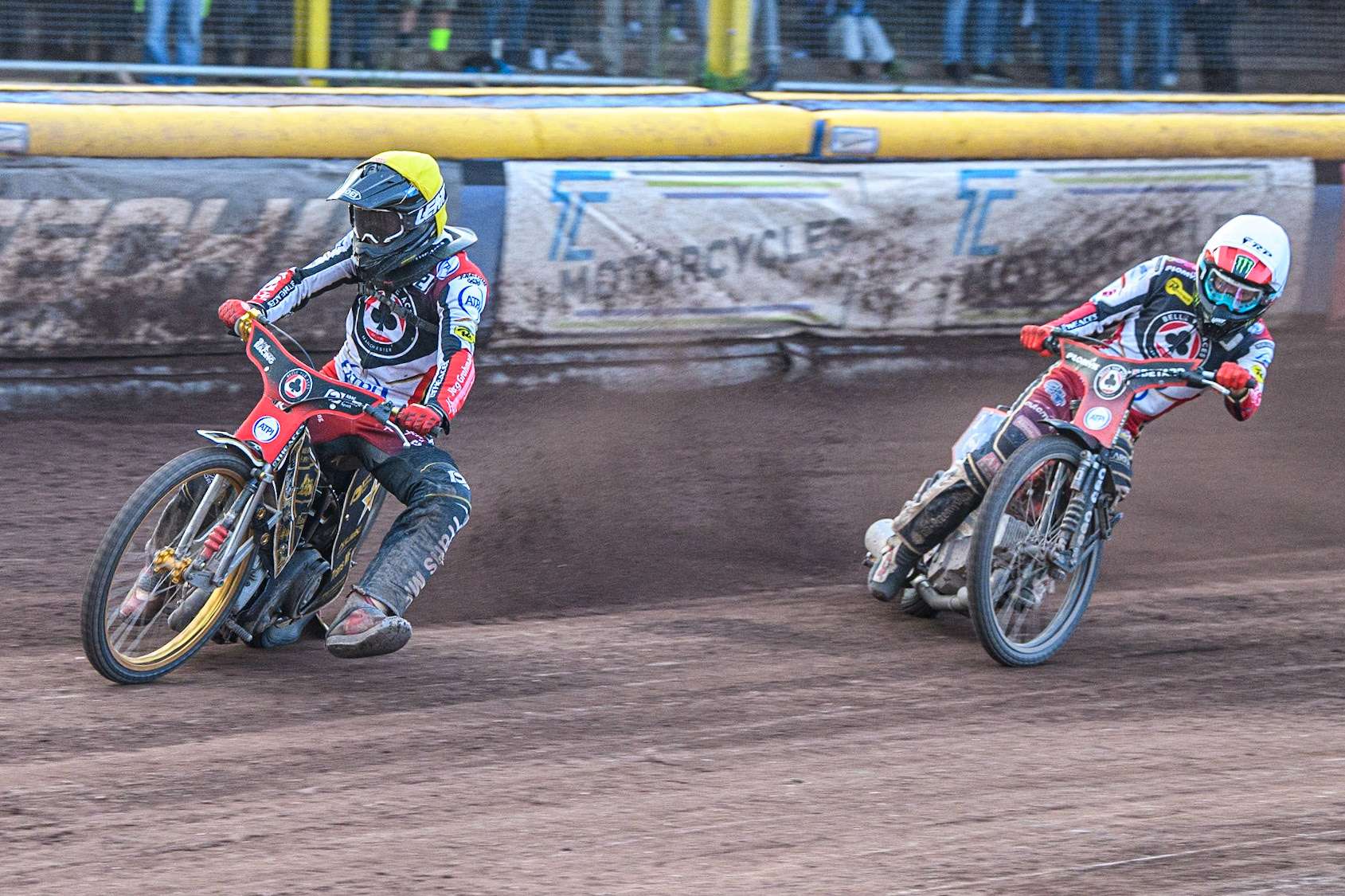 Norick Blodorn (Yellow) leads team mate Dan Bewley (White) during the Sports Insure Premiership match between Sheffield Tigers and Belle Vue Aces at Owlerton Stadium, Sheffield on Thursday 20th July 2023. (Photo: Ian Charles | MI News)