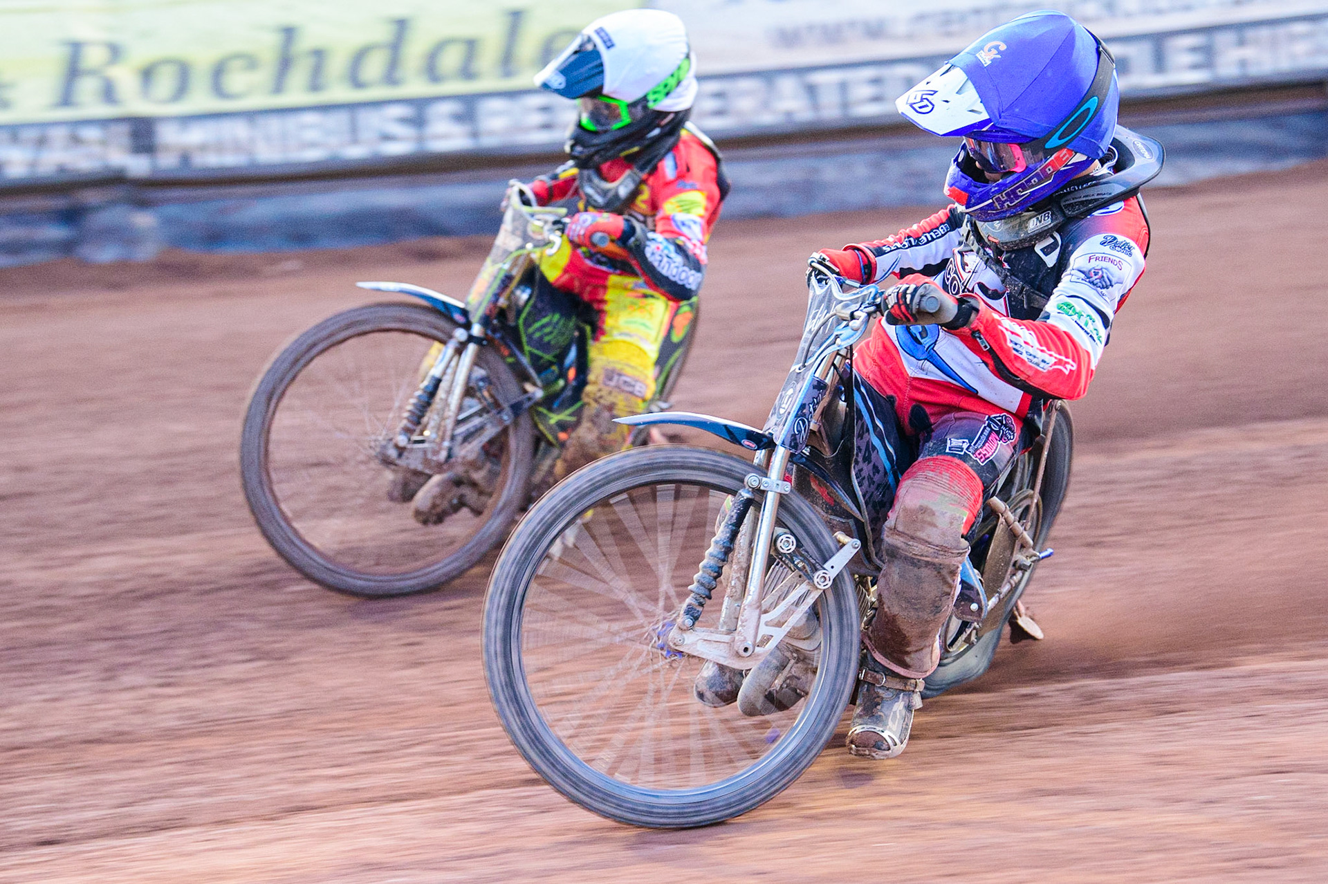 Freddy Hodder (Blue) inside Max Perry   (White) during the National Development League match between Belle Vue Aces and Leicester Lions at the National Speedway Stadium, Manchester on Friday 19th August 2022. (Credit: Ian Charles | MI News)
