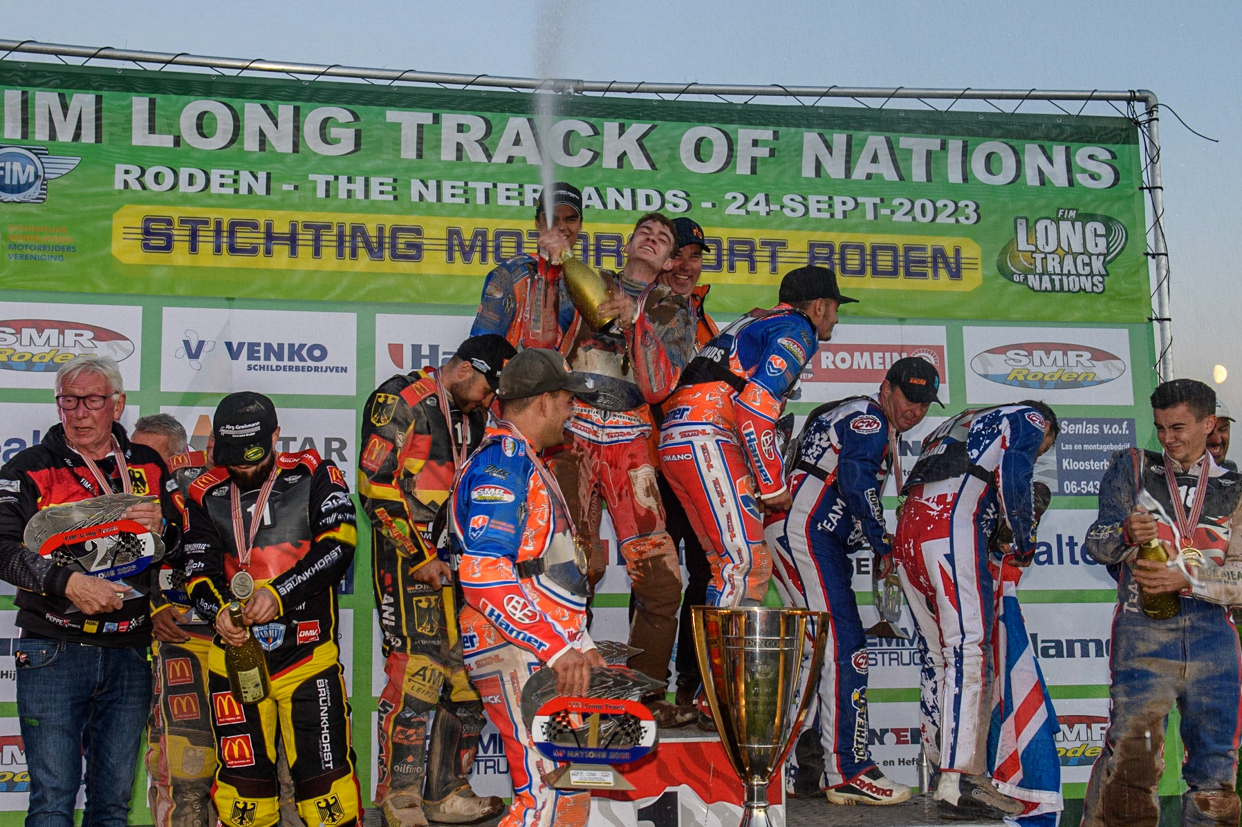 Champagne capers on the Rostrum during the FIM Long Track Of Nations event at the Speed Centre Roden on Sunday 24th September 2023. (Photo: Ian Charles | MI News)