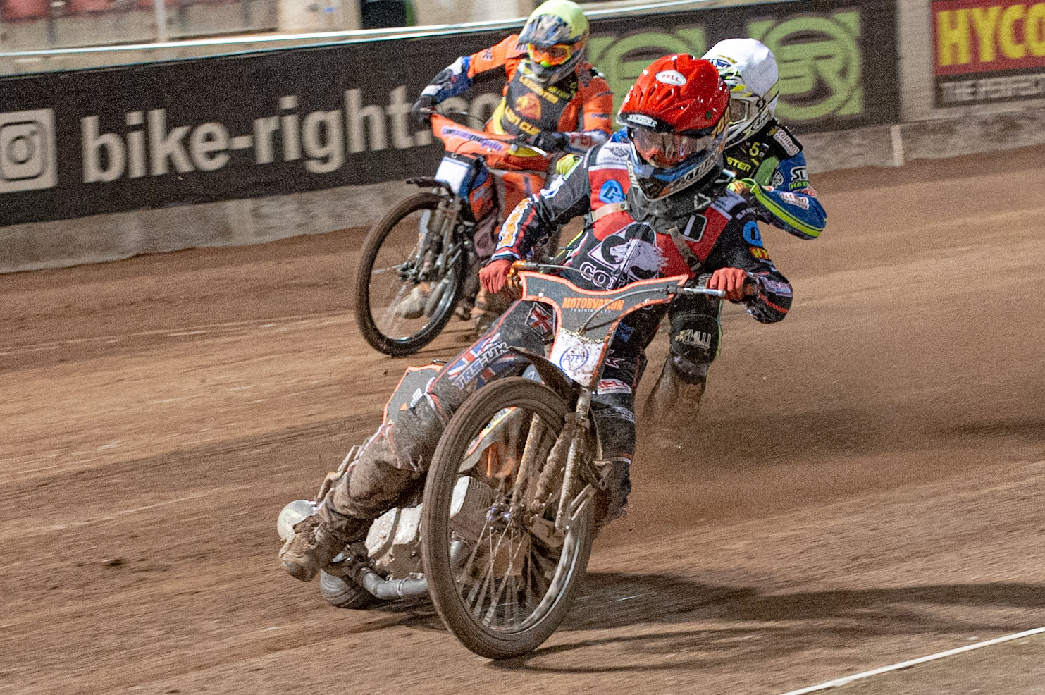 Photo: Ian Charles

Jordan Palin  (Red) leads Danyon Hume  (White) and Josh Embleton  (Yellow)

Belle Vue Colts v Leicester Lion Cubs, SGB National League KO Cup Final (2nd Leg), Belle Vue National Speedway Stadium, Manchester, Tuesday 29  October  2019