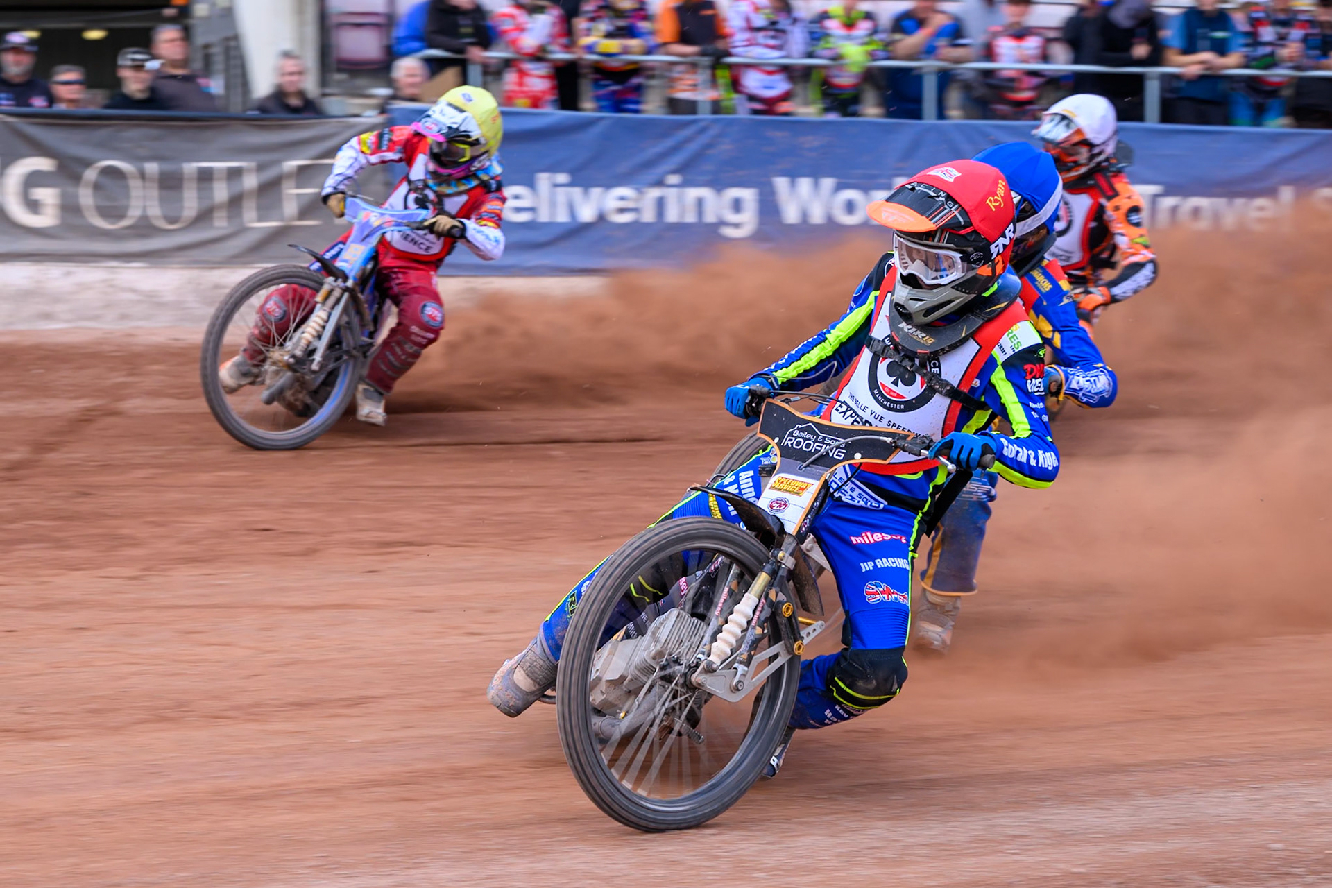 JR ASHWORTH &amp; SONS COLTS ACADEMY INDIVIDUALSEMI FINAL: Ryan Ingram in Red rides inside Ollie Binns in Yellow with Jordy Loftus in Blue and Mickie Simpson  in White behind during the JR Ashworth &amp; Sons Colts Individual at the National Speedway Stadium, Manchester on Sunday 10th May 2026. (Photo: Ian Charles | MI News)