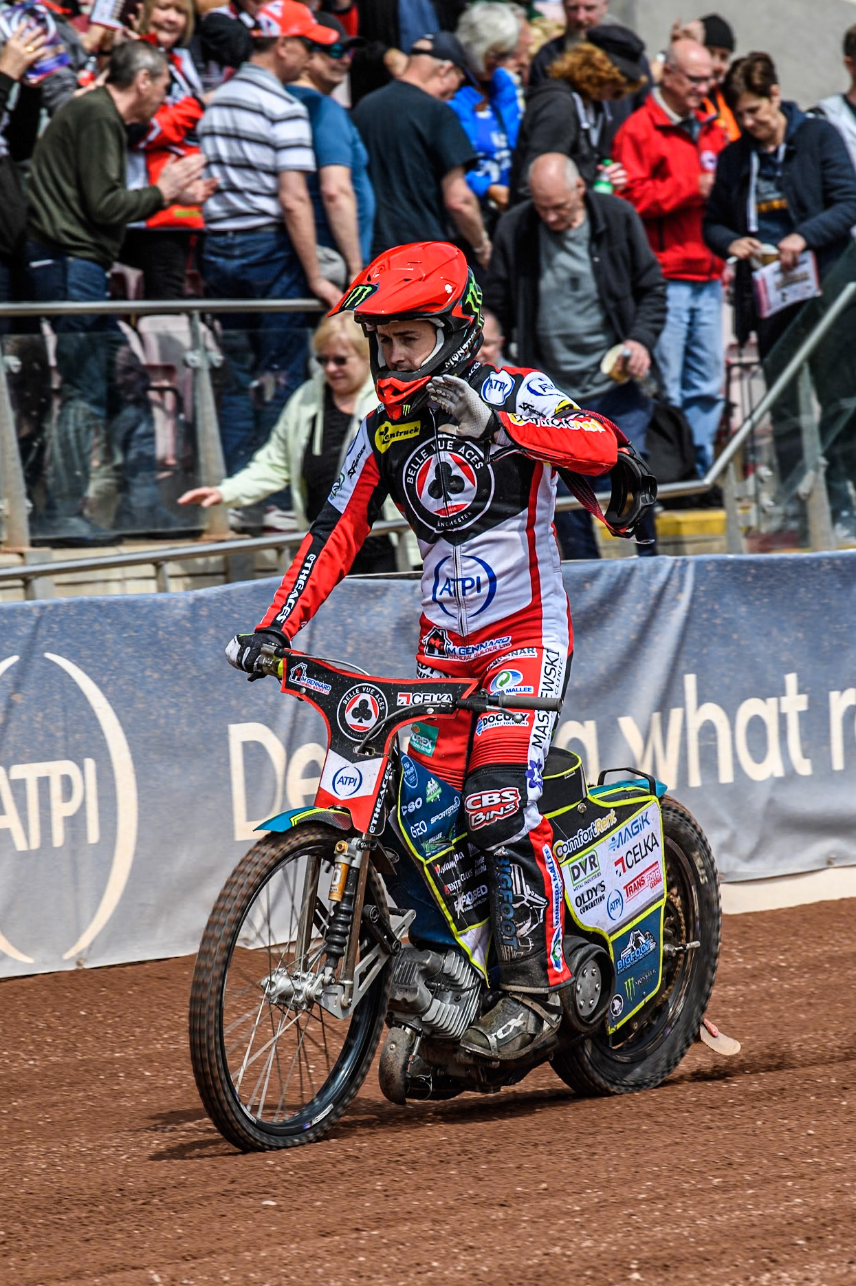 Belle Vue Aces' Jaimon Lidsey  waves to the fans during the Rowe Motor Oil Premiership match between Belle Vue Aces and Birmingham Brummies at the National Speedway Stadium, Manchester on Monday 6th May 2024. (Photo: Ian Charles | MI News)