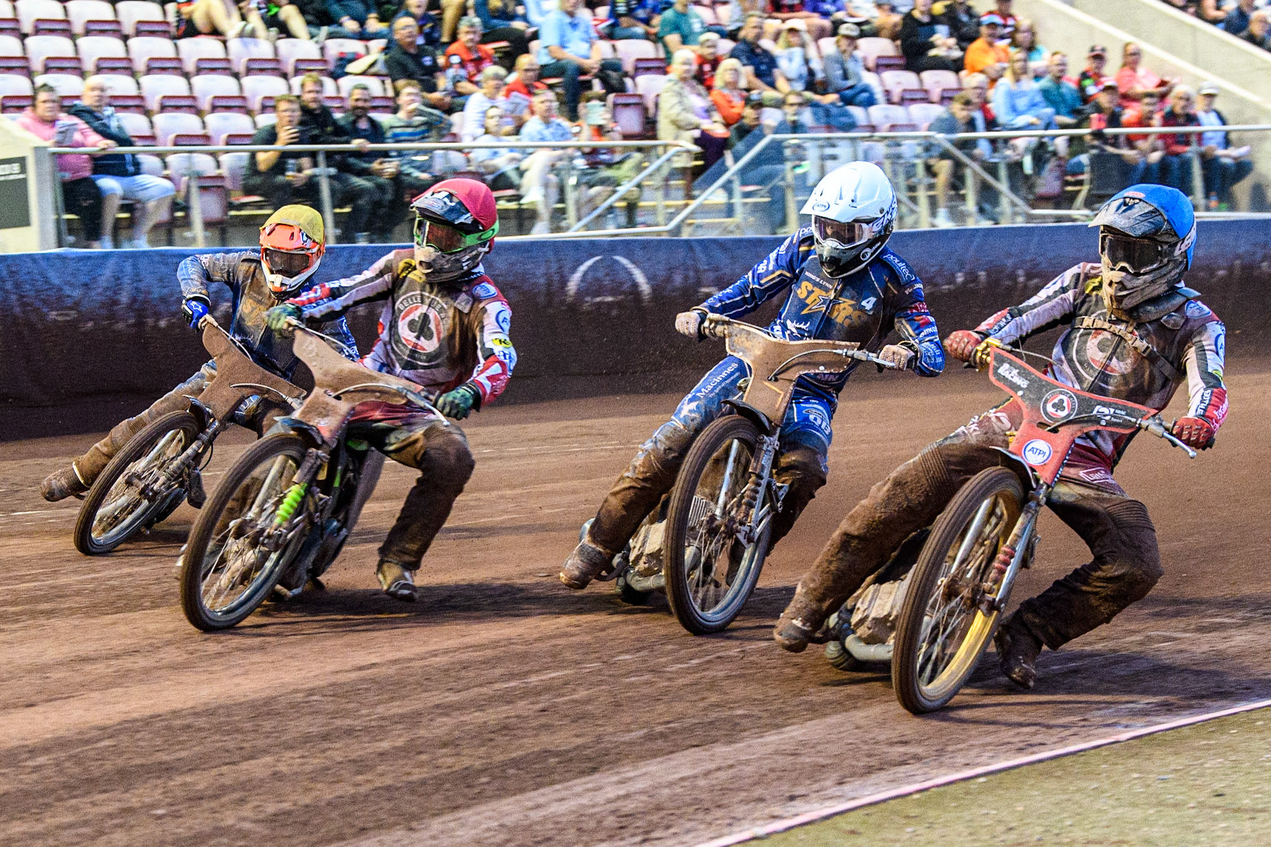 Norick Blodorn (Blue) inside Nicolai Klindt (White), Charles Wright (Red) and Jason Edwards (Yellow) during the Sports Insure Premiership match between Belle Vue Aces and King's Lynn Stars at the National Speedway Stadium, Manchester on Monday 12th June 2023. (Photo: Ian Charles | MI News)