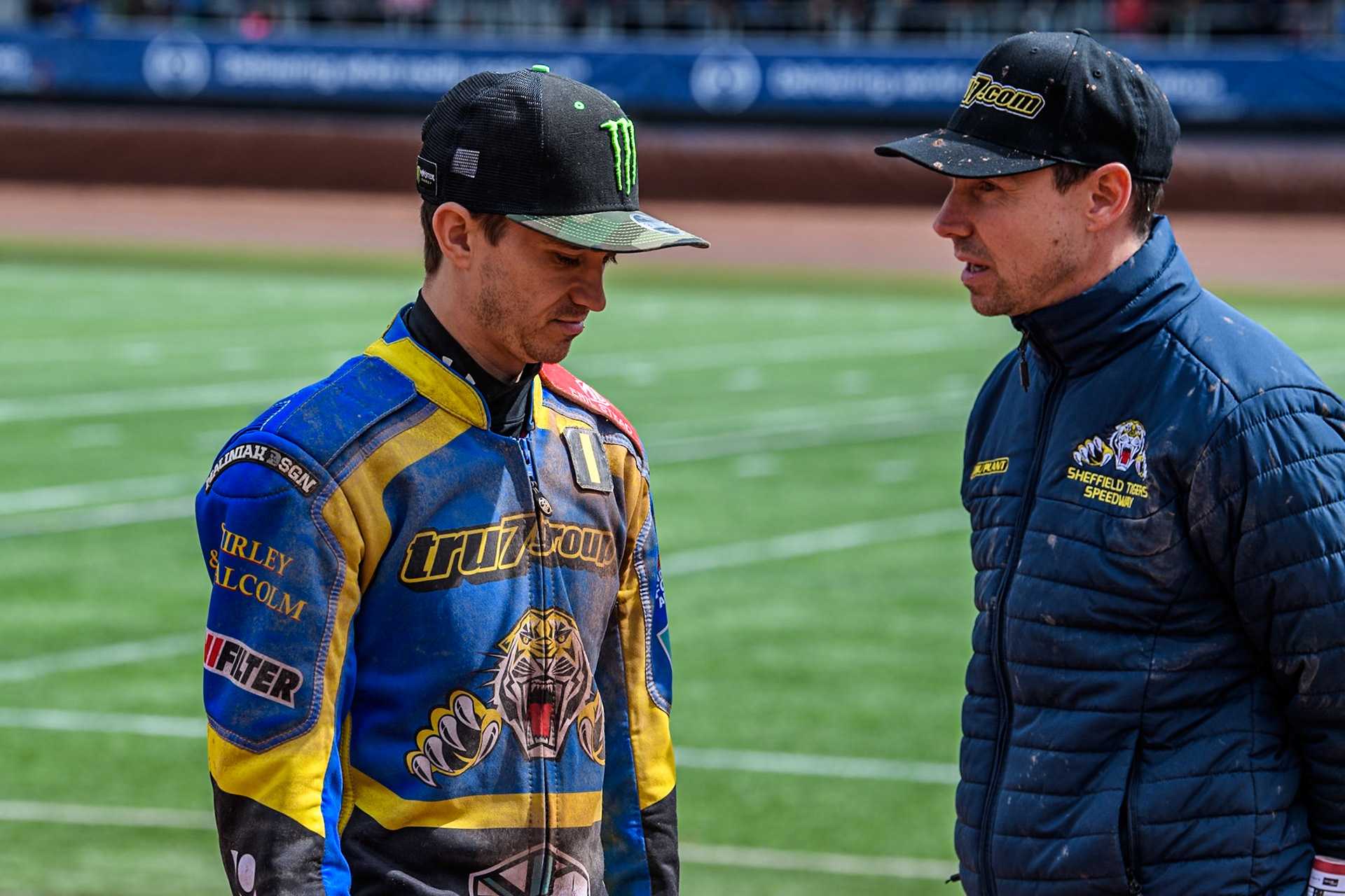 Sheffield Tigers' Team Manager Simon Stead (Right) speaks to Sheffield Tigers' Jack Holder during the Rowe Motor Oil Premiership match between Belle Vue Aces and Sheffield Tigers at the National Speedway Stadium, Manchester on Monday 27th May 2024. (Photo: Ian Charles | MI News)