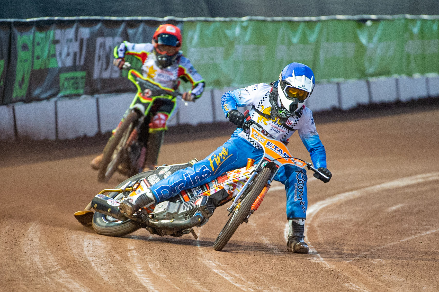 Photo: Ian CharlesCallum Gill (Blue) leads Katie Gordon (Red) (500cc B Class) British Youth Speedway Championship (Round 5), National Speedway Stadium, Manchester Saturday  10  October  2020
