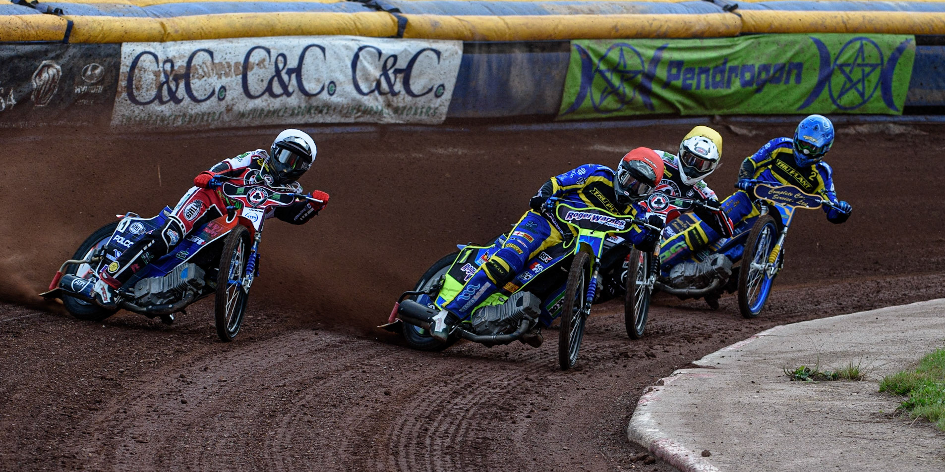 SHEFFIELD, UK. JULY 1ST     Brady Kurtz  (White) outside Troy Batchelor  (Red), with Richie Worrall  (Yellow) and Kyle Howarth  (Blue) behind during the SGB Premiership match between Sheffield Tigers and Belle Vue Aces at Owlerton Stadium, Sheffield on Thursday 1st July 2021. (Credit: Ian Charles | MI News)