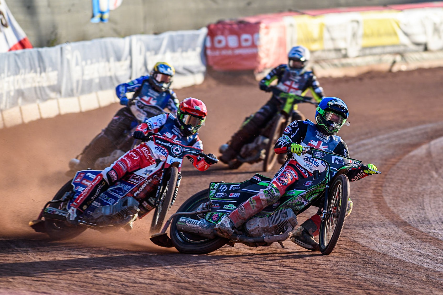 Charles Wright in Blue leading Dan Bewley in Red, Adam Ellis in White and Chris Harris in Yellow during the Attis Insurance Sports Division British Speedway Championship Final at the National Speedway Stadium, Manchester on Saturday 8th June 2024. (Photo: Ian Charles | MI News)