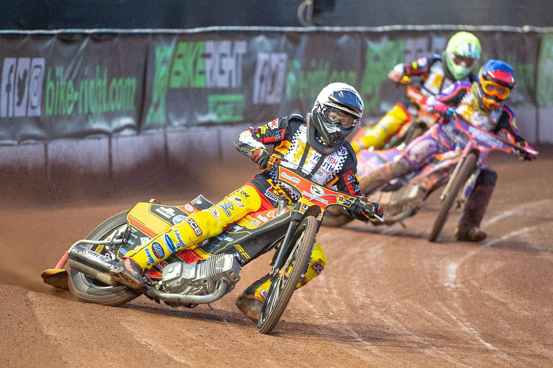 Photo: Ian CharlesDan Thompson (White) leads Elliot Kelly (Blue) and Joe Thompson (500cc A Class)British Youth Speedway Championship (Round 5), National Speedway Stadium, Manchester Saturday  10  October  2020