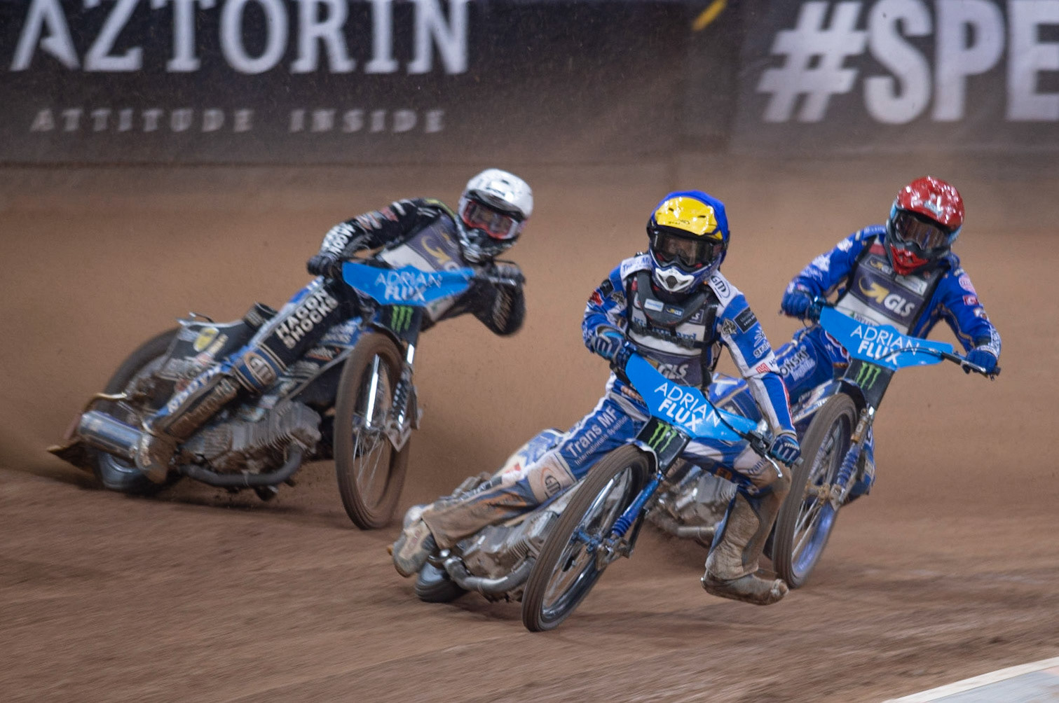 CARDIFF,WALES Leon Madsen (Blue) leads Jason Doyle (White) and Bartoz Zmarzlik (Red) during the Grand Final during the ADRIAN FLUX BRITISH FIM SPEEDWAY GRAND PRIX at the Principality Stadium, Cardiff on Saturday 21st September 2019. (Credit: Ian Charles | MI News)