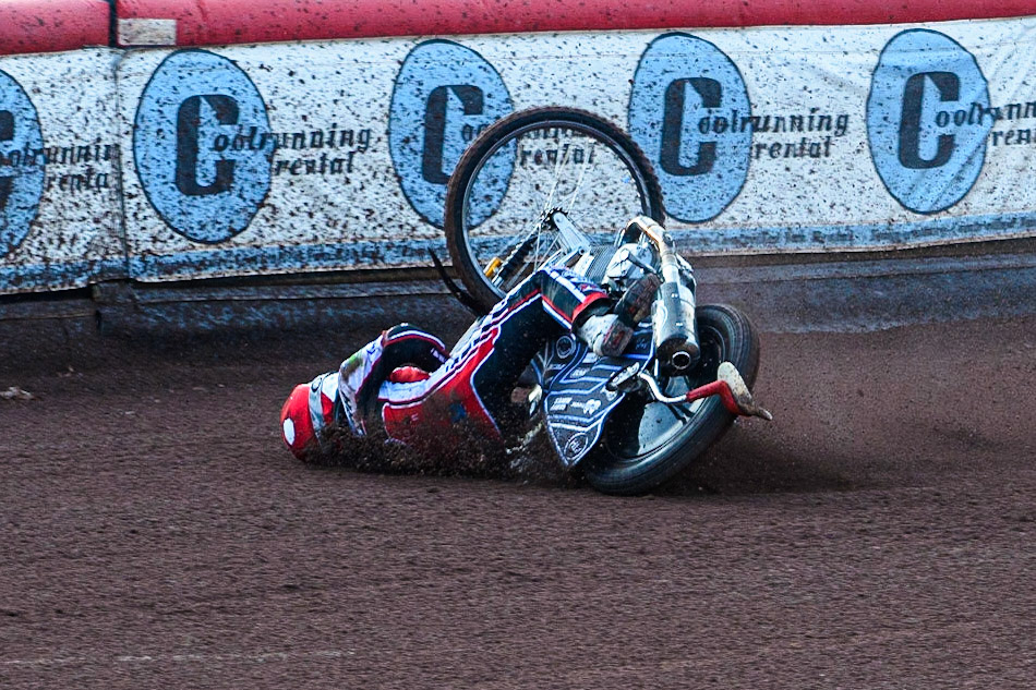 MANCHESTER, UK. JULY 23RD Sam McGurk   spins off during the National Development League match between Belle Vue Colts and Eastbourne Seagulls at the National Speedway Stadium, Manchester on Friday 23rd July 2021. (Credit: Ian Charles | MI News)
