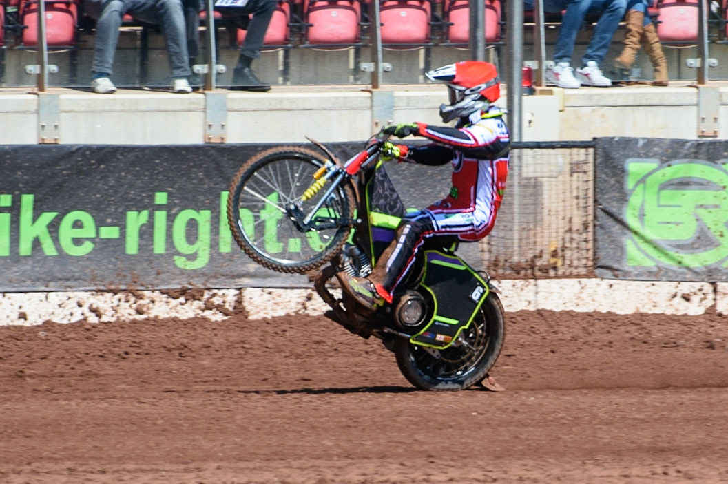 MANCHESTER, UK. MAY 31ST  Tom Brennan  wheelies during the SGB Premiership match between Belle Vue Aces and Peterborough at the National Speedway Stadium, Manchester on Monday 31st May 2021. (Credit: Ian Charles | MI News)
