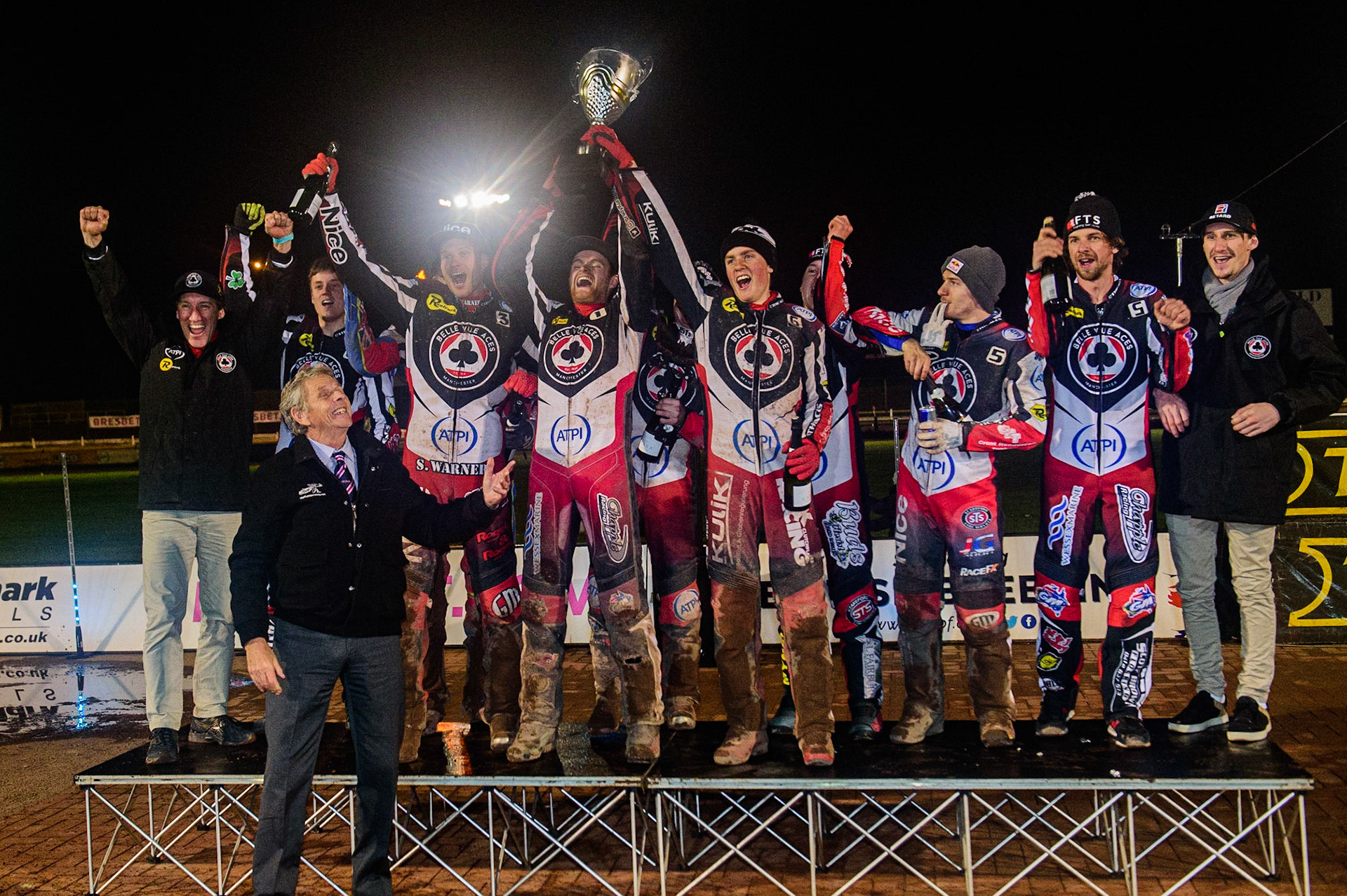 The Belle Vue ATPI Aces raise the trophy as Premiership Champions 2022 during the SGB Premiership Grand Final 2nd Leg between Sheffield Tigers and Belle Vue Aces at Owlerton Stadium, Sheffield on Thursday 13th October 2022. (Credit: Ian Charles | MI News)