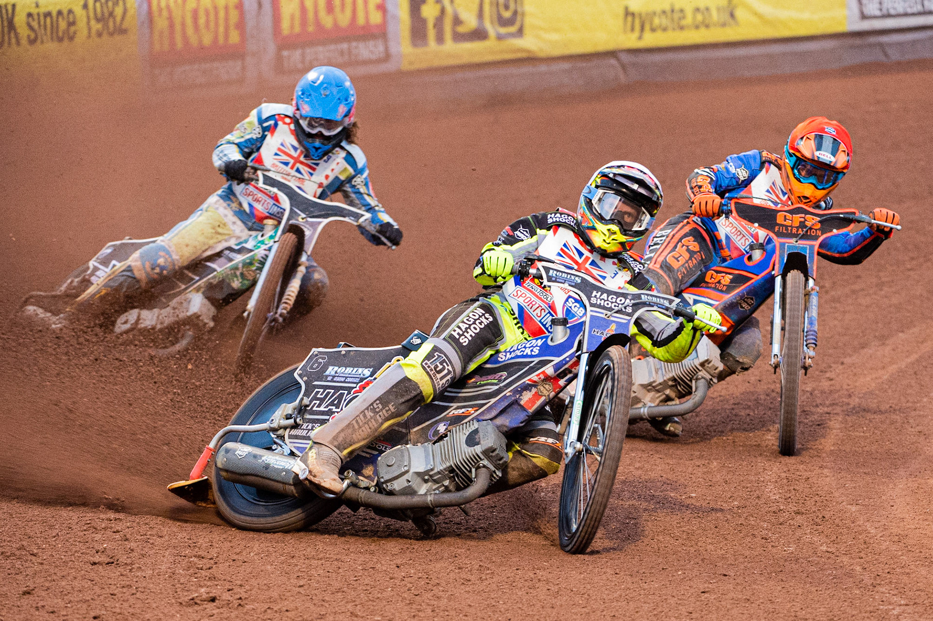 Photo: Ian Charles

Edward Kennett (White) leads Kyle Newman (Red) and Richard Lawson (Blue)

Sports Insure British Final,  Belle Vue National Speedway Stadium, Manchester Monday 29  July  2019