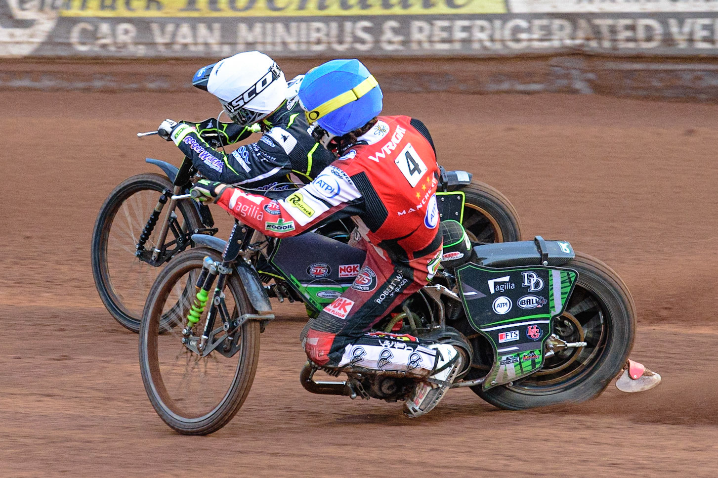 MANCHESTER, UK. JUN 6TH  Charles Wright  (Blue) chases Troy Batchelor  (White) during the SGB Premiership match between Belle Vue Aces and Ipswich Witches at the National Speedway Stadium, Manchester on Monday 6th June 2022. (Credit: Ian Charles | MI News)