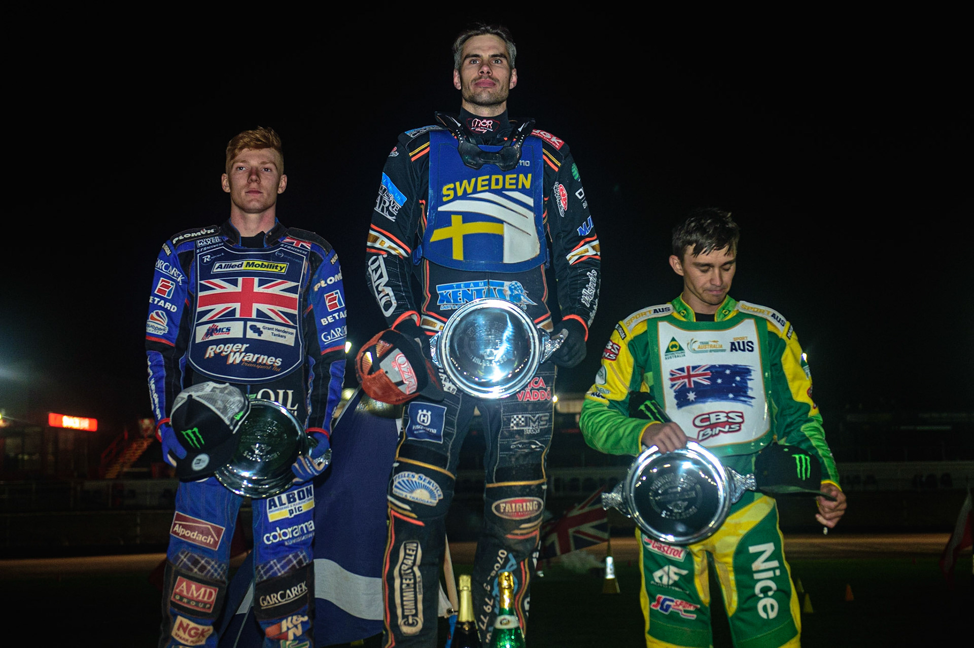 Top 3: (l - r) Dan Bewley (Great Britain) - 2nd, Kim Nilsson (Sweden) - Winner, Jack Holder (Australia) - Third during the FIM Speedway Grand Prix Challenge at the Peugeot Ashfield Stadium, Glasgow on Saturday 20th August 2022. (Credit: Ian Charles | MI News)