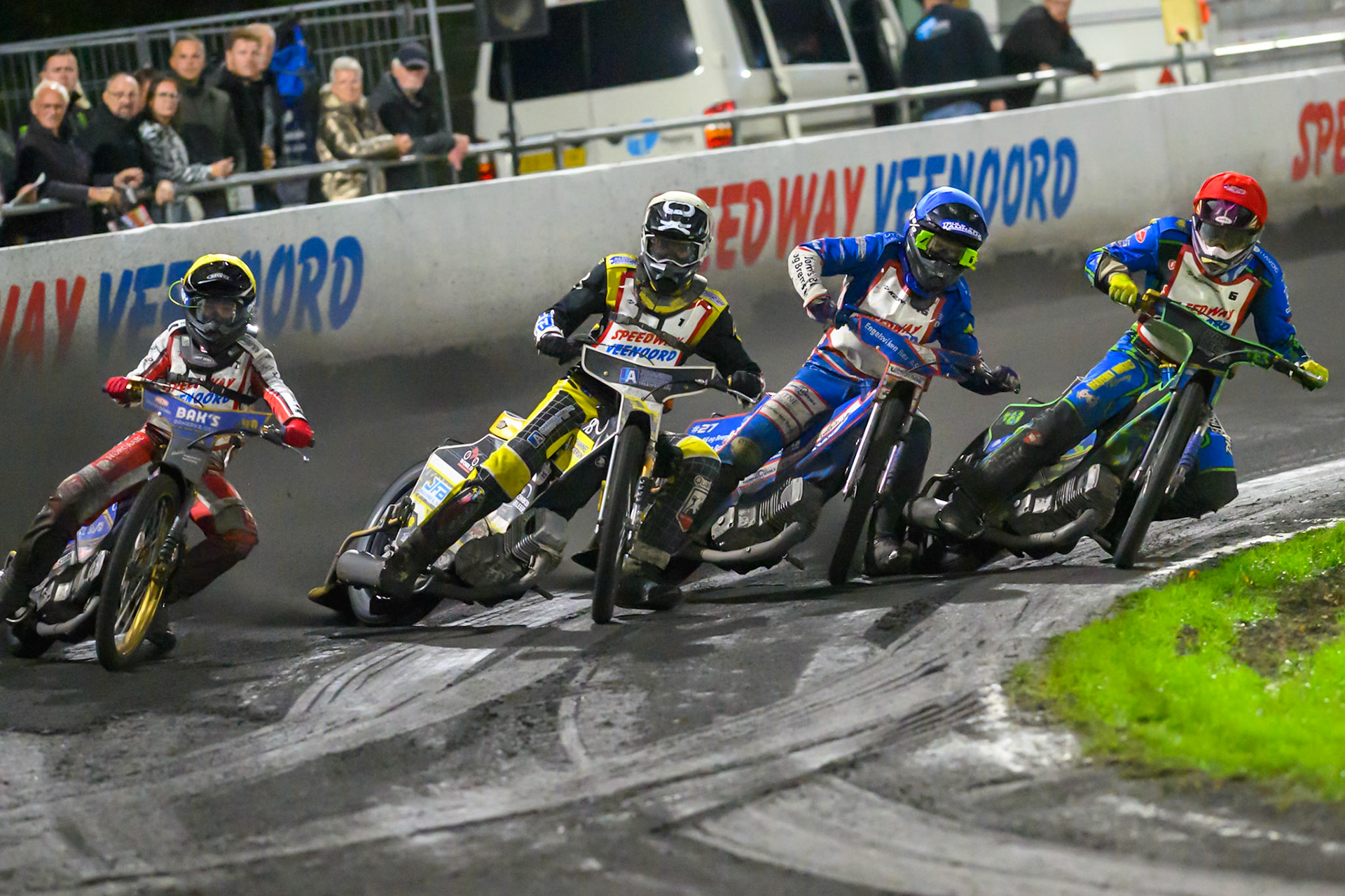 (L to R) Jacob D. Jensen of Denmark, Mika Meijer of The Netherlands in White, Truis Kamhaug of Norway in Blue  and Michael West of Australia in Red during the Gouden KENNY Helm at Speedway Veenoord, Veenoord in the Netherlands on Saturday 19th September 2026. (Photo: Ian Charles | MI News)
