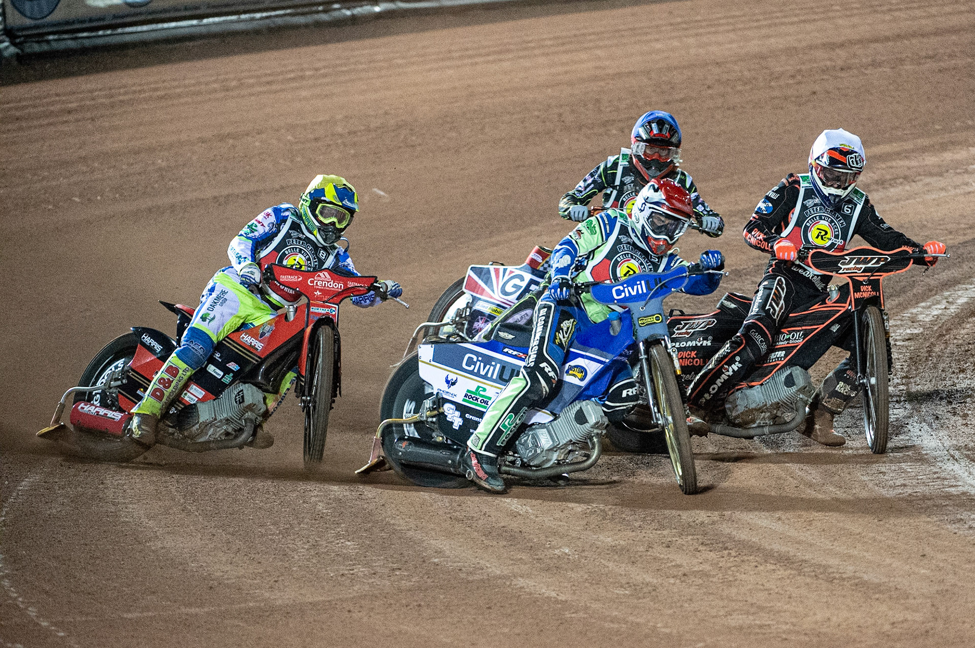 Photo: Ian CharlesRichie Worrall (Red) leads Sam Masters (White) Chris Harris (Yellow) and Drew Kemp (Blue)Peter Craven Memorial Trophy, National Speedway Stadium, Manchester Thursday  22  October  2020