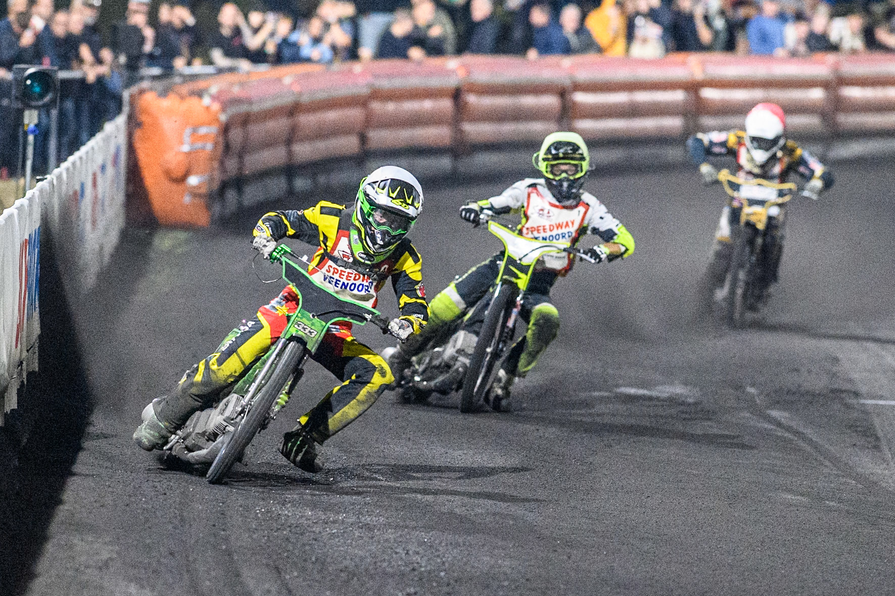 Damirs Filimonov of Latvia in White leading Lars Skupien of Poland in Yellow and Victor Larsen of Denmark in Red during the Golden JOPA Helmet at Sportpark Veenoord, Veenoord, Netherlands on Saturday 21st September 2024. (Photo: Ian Charles | MI News)