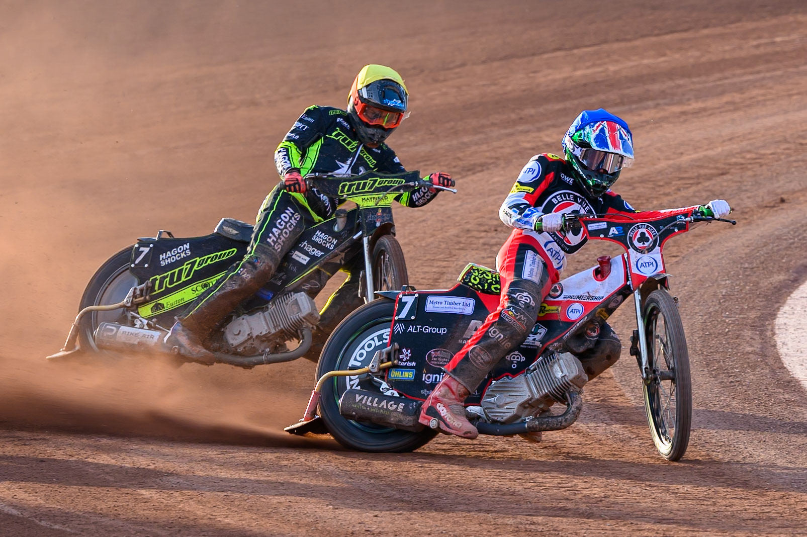 William Cairns of Belle Vue Aces in Blue leading Jason Edwards of Ipswich Witches in Yellow during the Rowe Motor Oil Premiership match between Belle Vue Aces and Ipswich Witches at the National Speedway Stadium, Manchester on Saturday 20th June 2026. (Photo: Ian Charles | MI News)