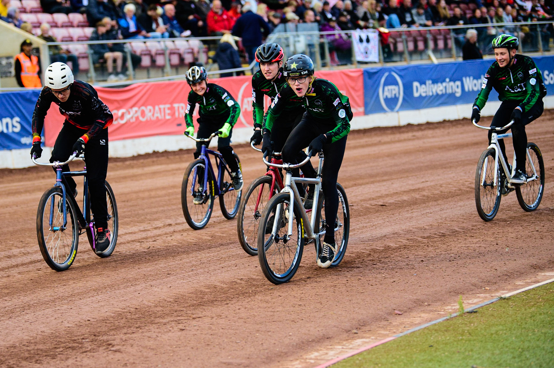Part of the Cycle Speedway demonstration to promote the European Championships being held in Greater Manchester over the weekend of July 29 - 31, 2022 during the SGB Premiership match between Belle Vue Aces and Peterborough at the National Speedway Stadium, Manchester on Monday 25th July 2022. (Credit: Ian Charles | MI News