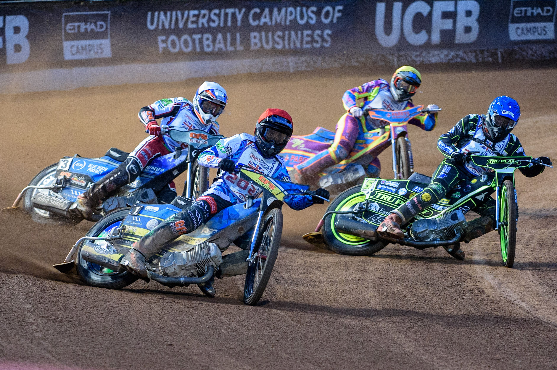 MANCHESTER, UK. AUGUST 16TH   Adam Ellis  (Red) leads Craig Cook  (Blue), Steve Worrall  (White) and Rory Schlein  (Yellow) during the Sports Insure British Speedway Finals at the National Speedway Stadium, Manchester on Monday 16th August 2021. (Credit: Ian Charles | MI News)