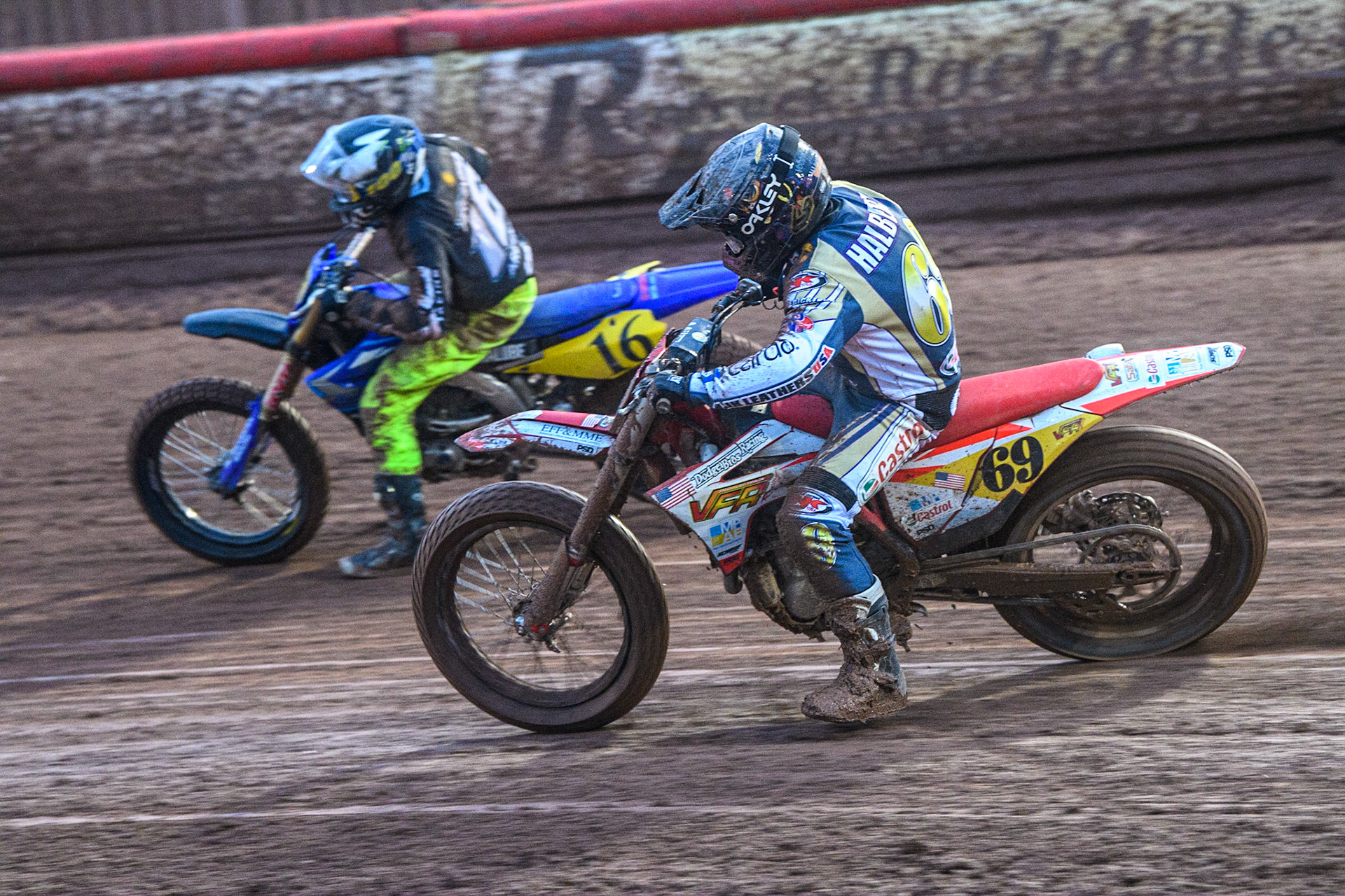 Sammy Halbert (69) from USA inside Santagio Arangio (16) from Argentina during the FIM World Flat Track Championship Round 1 at the National Speedway Stadium, Manchester on Saturday 5th August 2023. (Photo: Ian Charles | MI News)