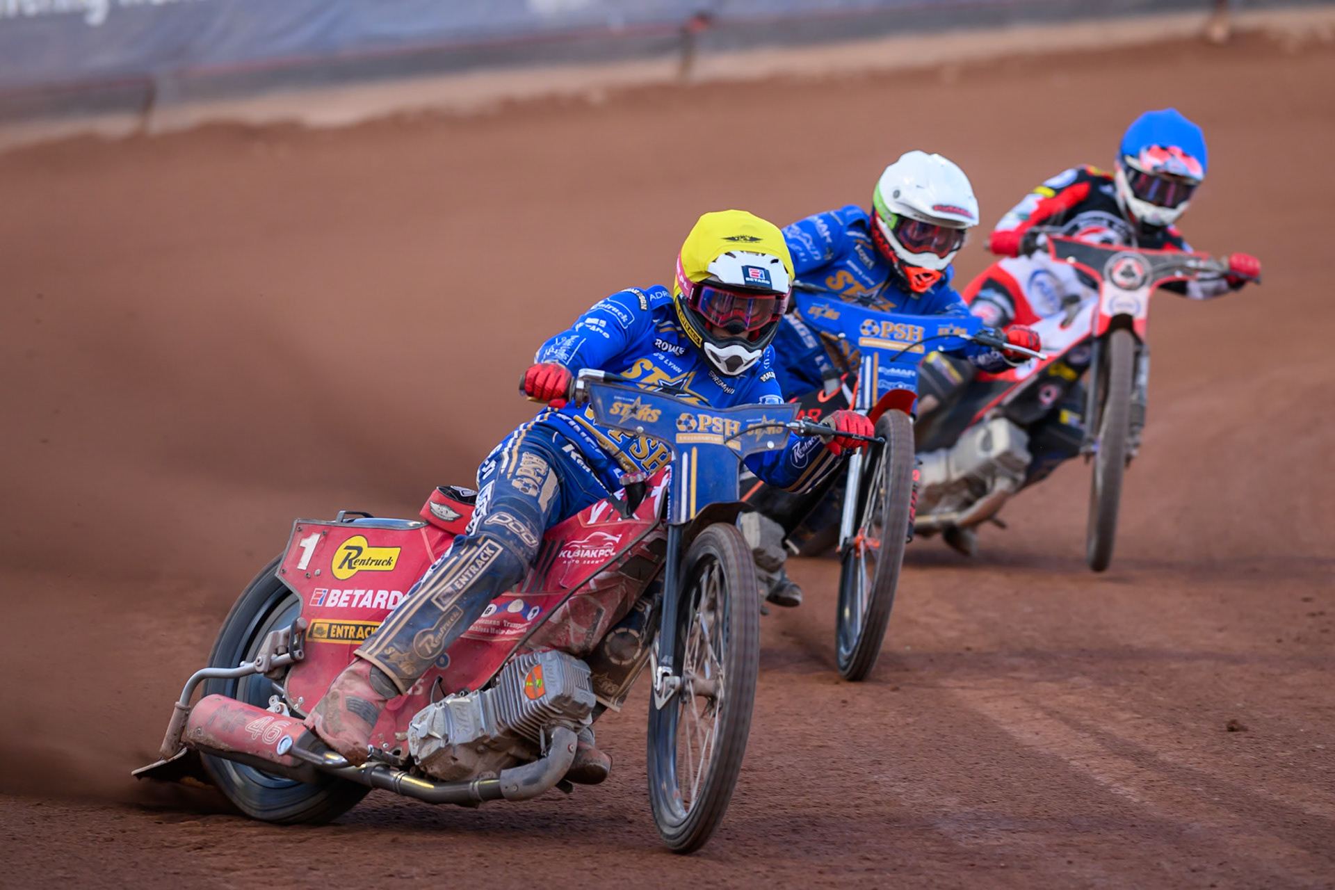 Max Fricke of Kings Lynn Stars in Yellow leading Jan Kvech of Kings Lynn Stars in White and Zach Cook of Belle Vue Aces in Blue during the Rowe Motor Oil Premiership match between Belle Vue Aces and King's Lynn Stars at the National Speedway Stadium, Manchester on Monday 10th August 2026. (Photo: Ian Charles | MI News)