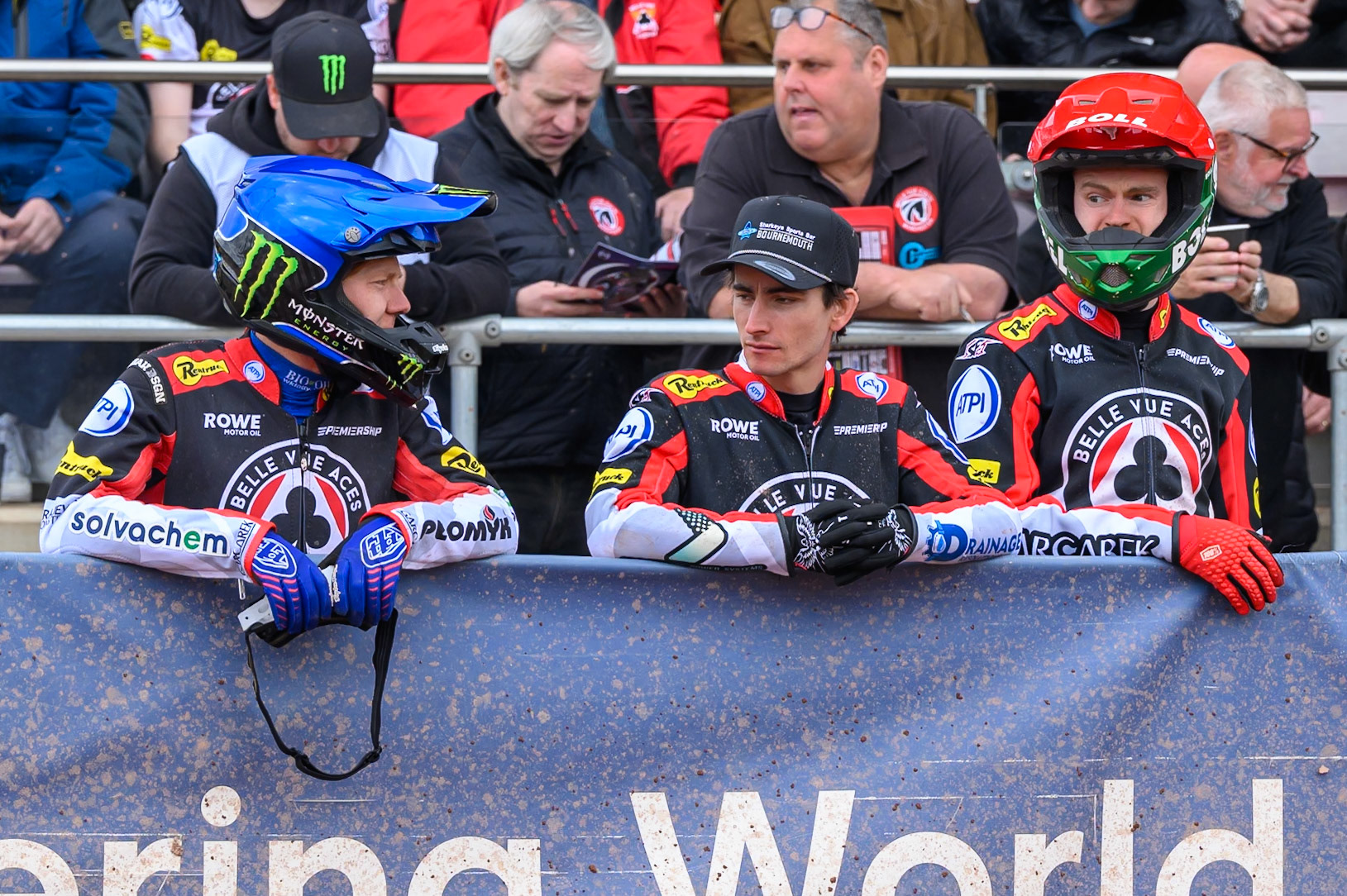 (L to R)Dan Bewley of Belle Vue Aces ,Zach Cook of Belle Vue Aces  and Brady Kurtz of Belle Vue Aces  during the Rowe Motor Oil Premiership match between Belle Vue Aces and Northampton Foxes at the National Speedway Stadium, Manchester on Monday 4th May 2026. (Photo: Ian Charles | MI News)