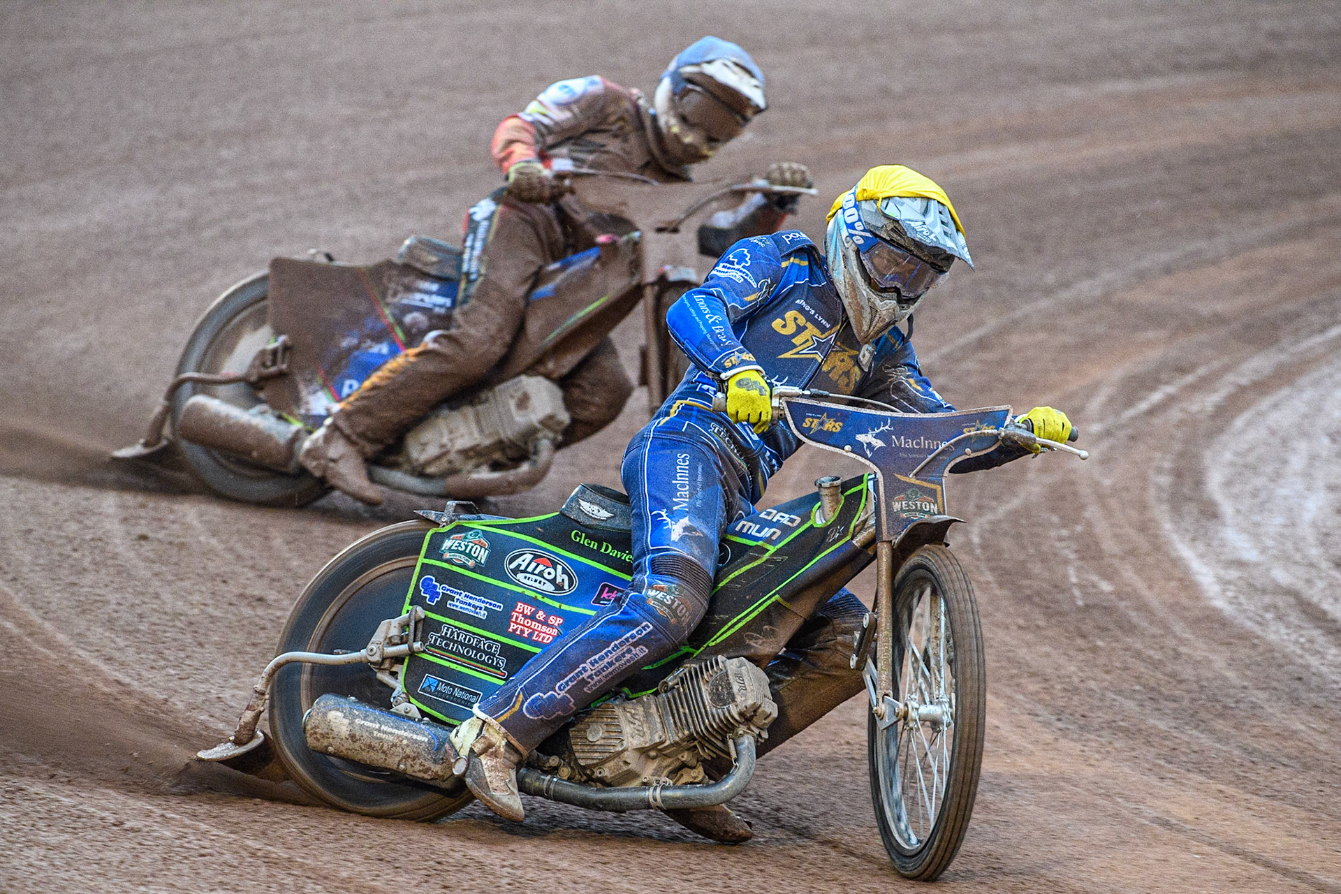 Kye Thomson (Yellow) leads Jake Mulford (Blue) during the Sports Insure Premiership match between Belle Vue Aces and King's Lynn Stars at the National Speedway Stadium, Manchester on Monday 12th June 2023. (Photo: Ian Charles | MI News)