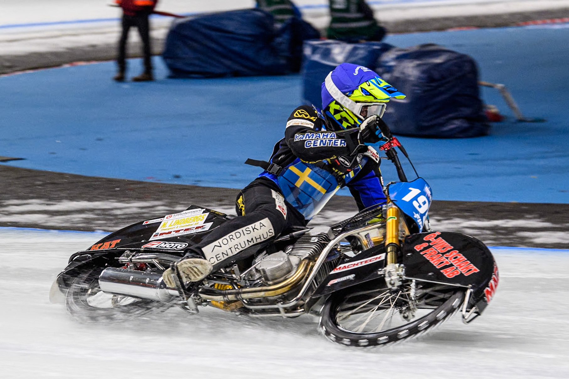 Sweden's Martin Haarahiltunen (199)  in action during the FIM Ice Speedway Gladiators World Championship Final 1 at the Max-Aicher-Arena, Inzell on Saturday 23 March 2024. (Photo: Ian Charles | MI News)