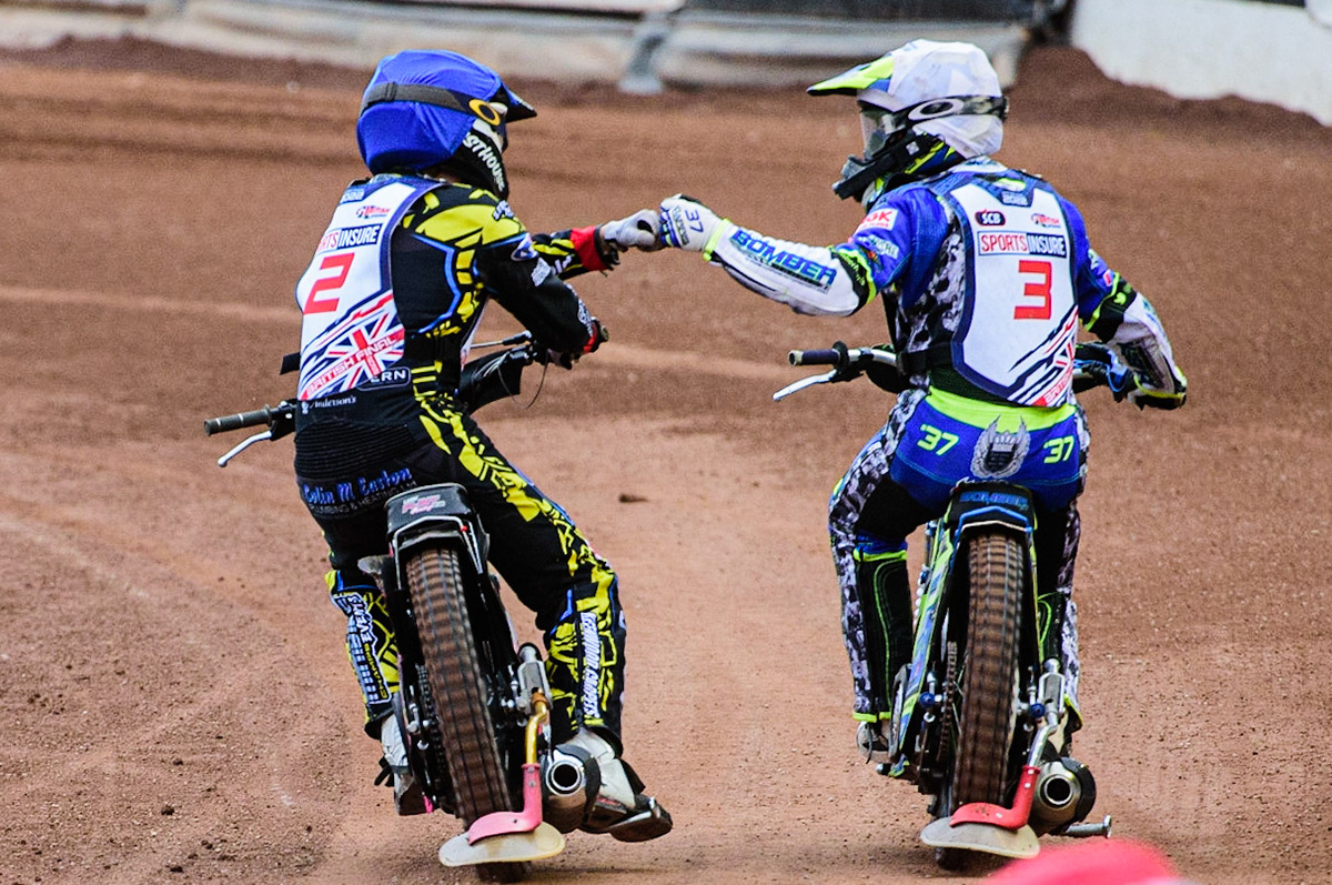 Leon Flint  (Blue) congratulates Chris Harris  on his win during the Sports Insure British Speedway Championship Final at the National Speedway Stadium, Bellevue, Manchester, England on Monday 1st August 2022. (Photo by: Ian Charles | MI News)
