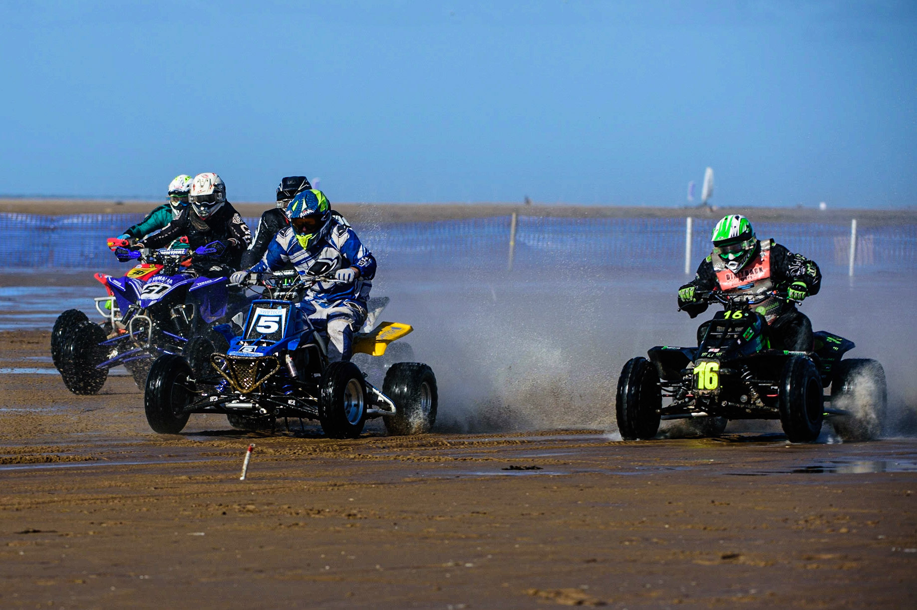 Paul Munnery (5) leads the pack ahead of Richard Badham (16) and Lance Hoadley (51) during the Fylde ACU British Sand Racing Masters Championship on  Sunday 2nd October 2022. (Credit: Ian Charles | MI News)